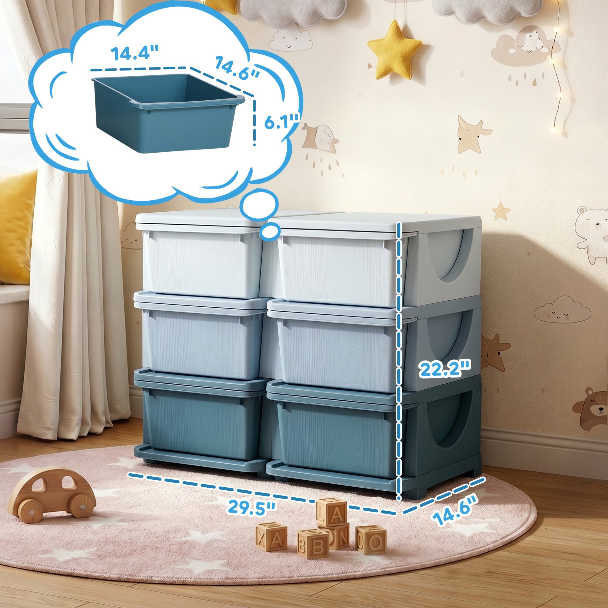 3 Tier Kids Storage Unit, Toy Organizers and Storage with 6 Drawer Chest for Kids Bedroom Nursery Kindergarten Living Room for Boys Girls Toddlers, Blue