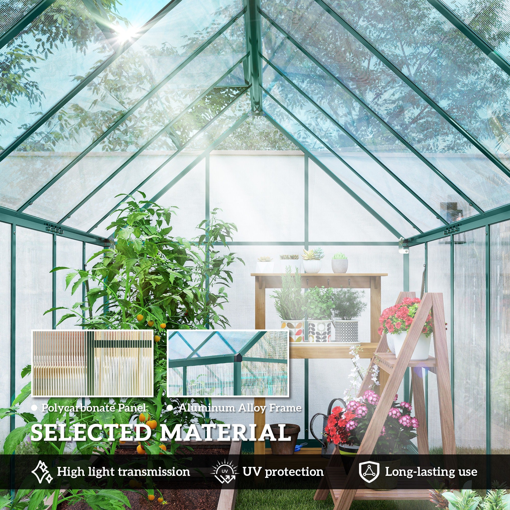 Polycarbonate Greenhouse with Swing Door and Two Adjustable Roof Vents, Aluminum Walk-in Greenhouse, 11x6 ft, Dark Green - Dark Green - Image 5
