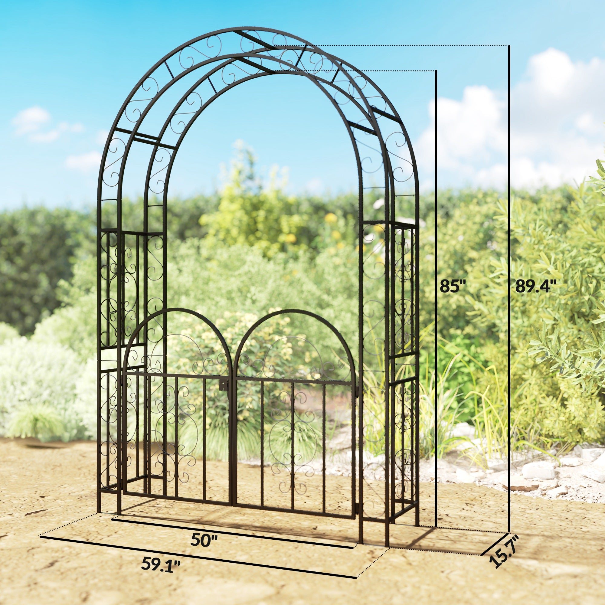 7.4ft Steel Garden Arch with Gate, Garden Arbor Trellis for Climbing Plants, Roses, Vines, Wedding Arch Stand for Outdoor, Garden, Lawn, Backyard, Black - Black - Image 3