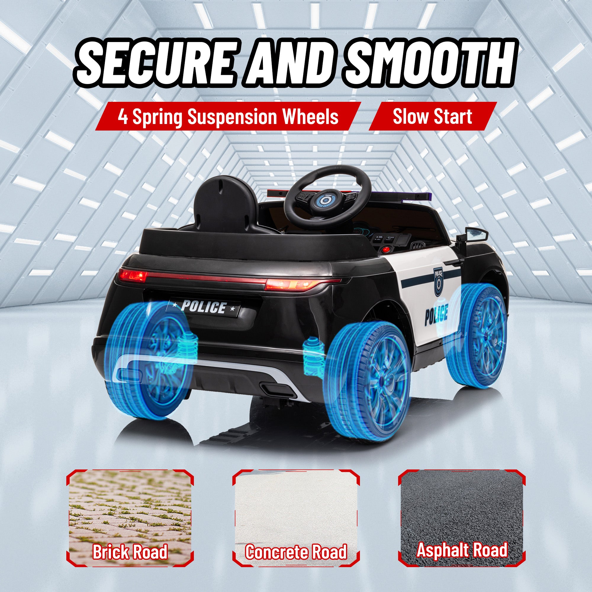 12V Kids Ride on Car w/ Remote Control, Siren, Light, Music, Spring Suspension, Horn & Transport Wheel, Black