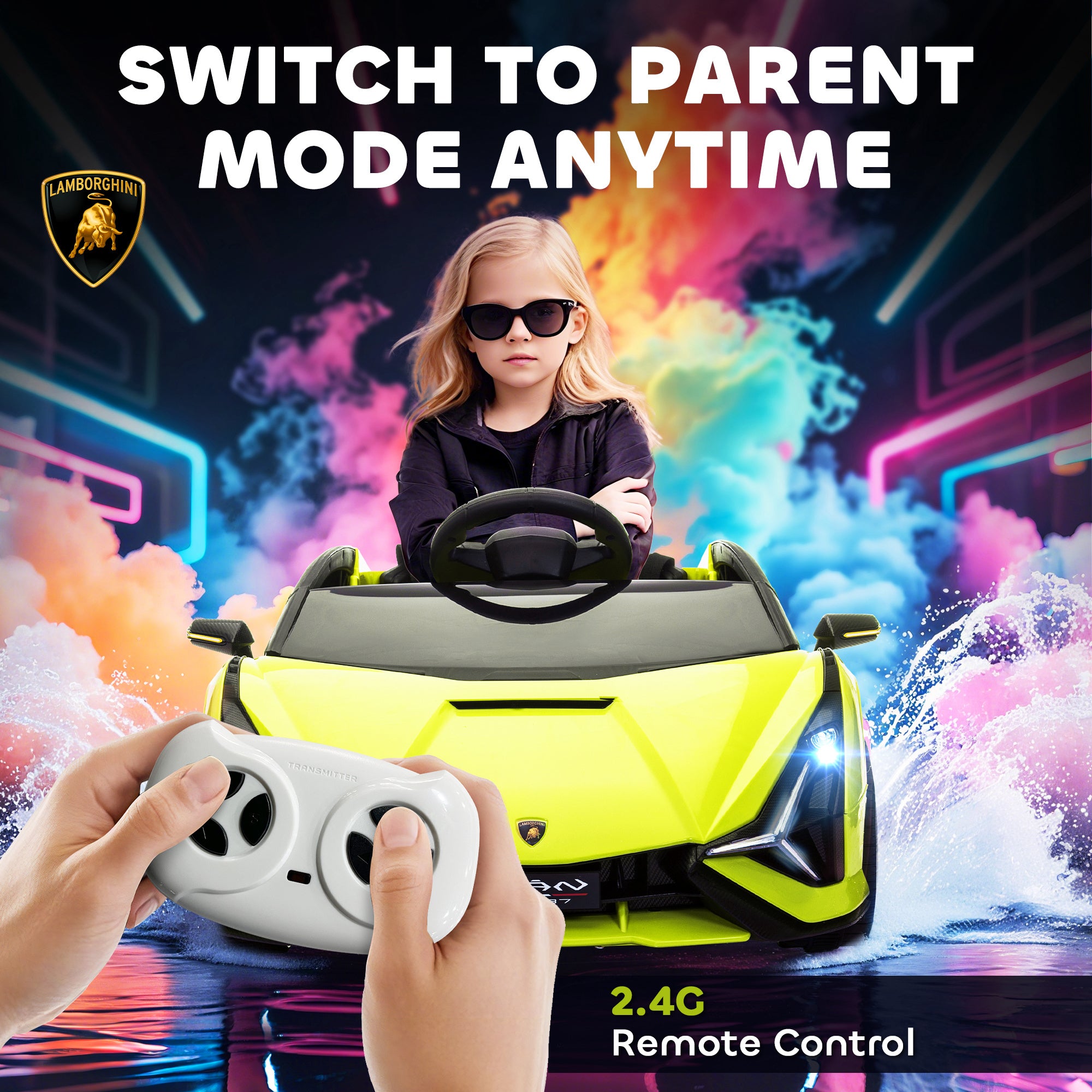 12V Lamborghini SIAN Licensed Electric Car for kids with Remote Control, Horn, Music, & Headlights, Green