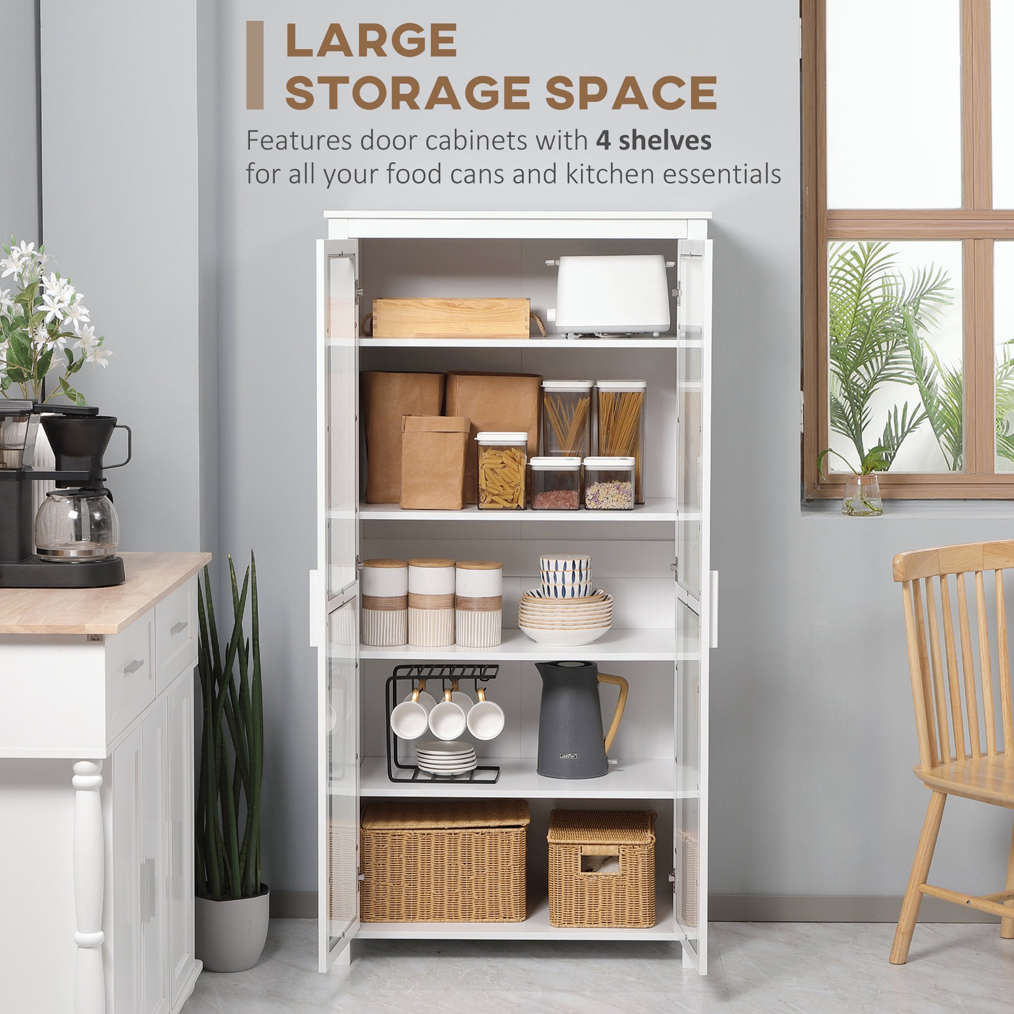 63" Kitchen Pantry Cabinet, Freestanding Storage Cabinet, Display Cabinet with 2 Glass Door and 2 Adjustable Shelves for Dining Room, White