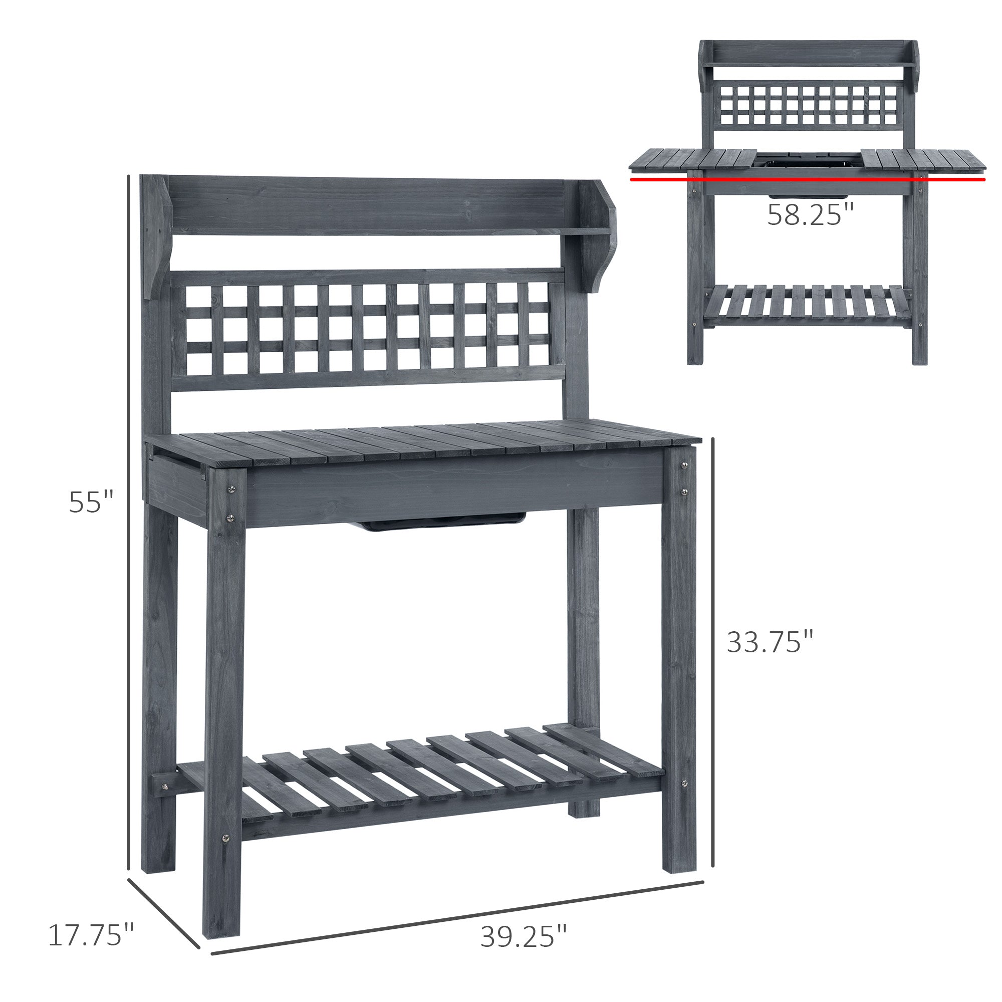 Outdoor Potting Bench Table, Wooden Workstation with Sliding Tabletop, Storage Shelf and Dry Sink, for Greenhouse, Garden, Patio, Gray - Gray - Image 3