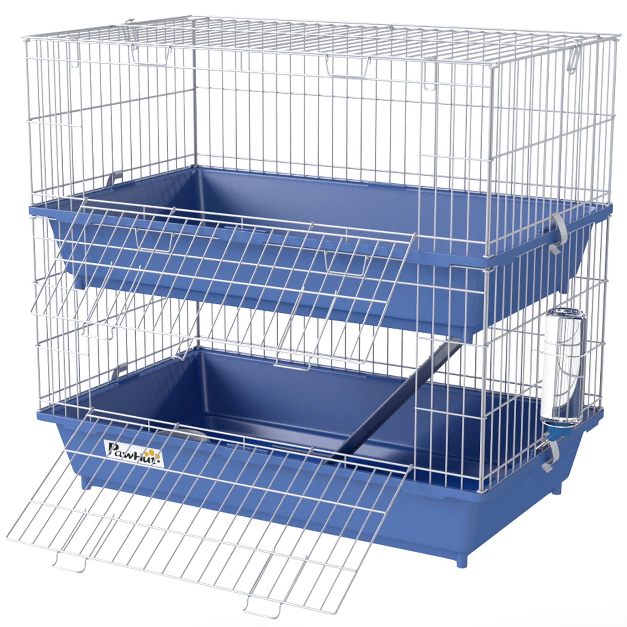 2-Tier Guinea Pig Cage, Ferret Cage, Chinchilla Cage, Small Animal Cage Indoor with Dish and Bottle, 2 Doors, Deep Bottoms, Ramp, 28", Blue - Blue