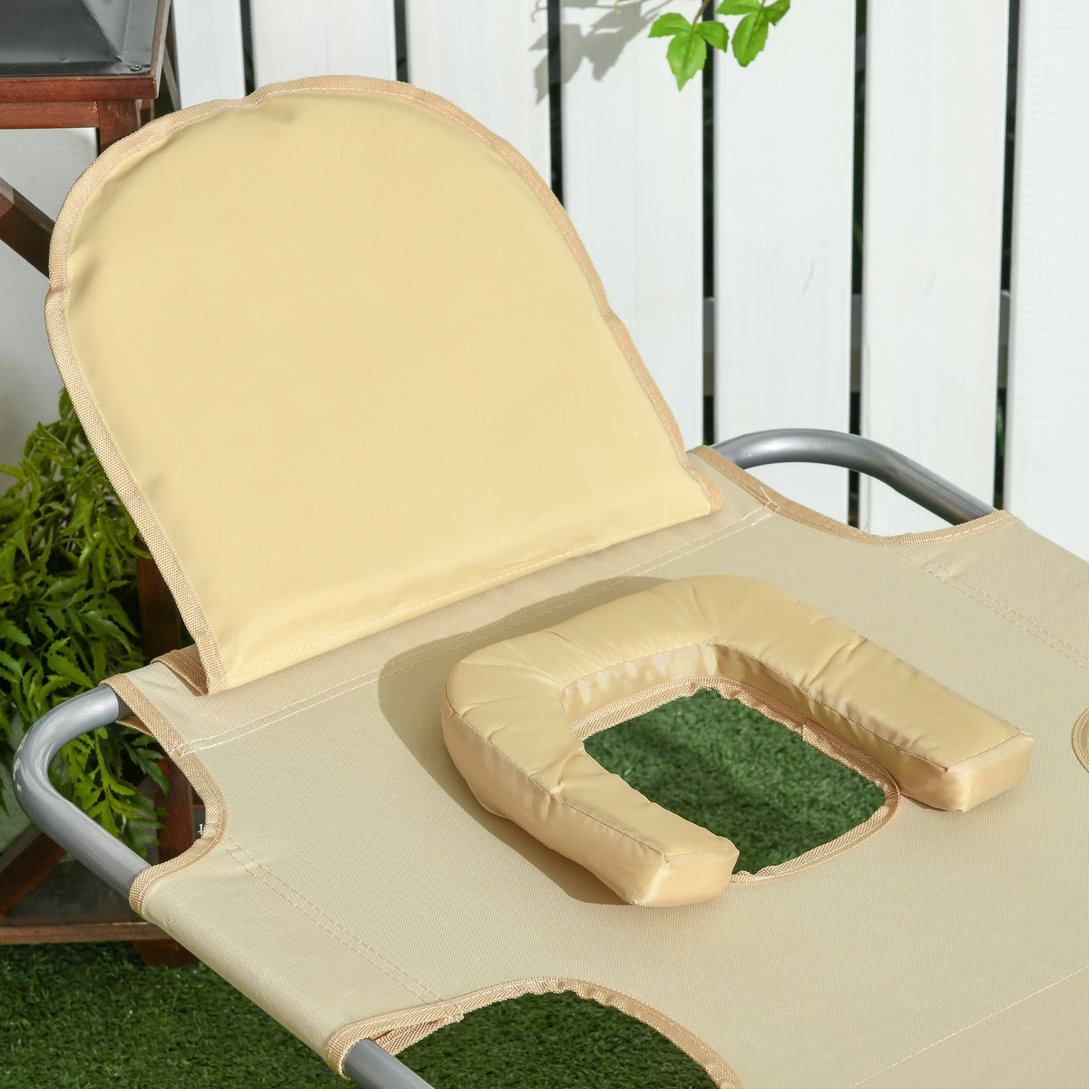 Tanning Chair with Face Hole, 5-Level Adjustable Outdoor Chaise Lounge Chair with Pillow for Beach, Pool, Beige