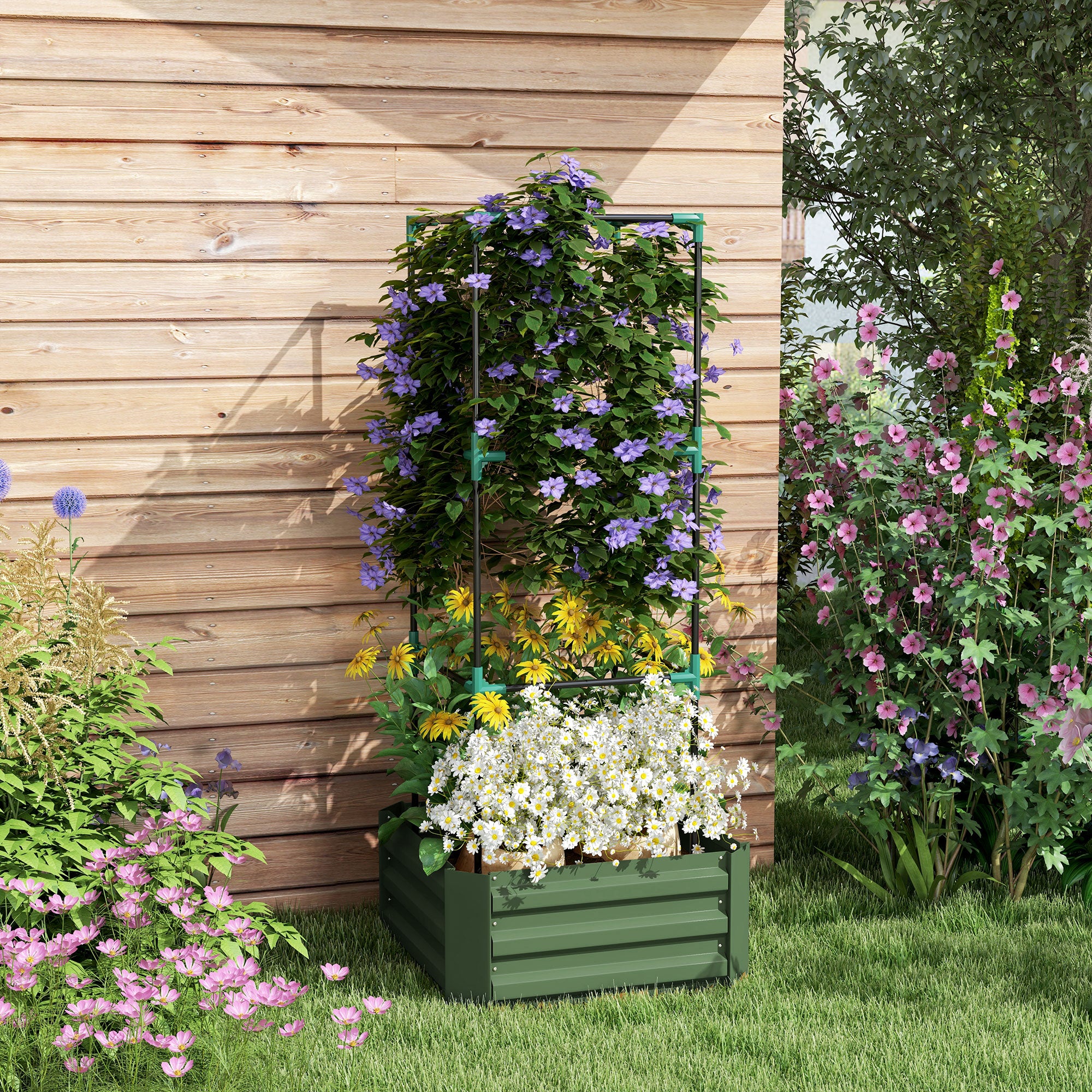 Galvanized Planter Box, 24" x 24" x 55" Raised Garden Bed with Tomato Cage for Climbing Vines, Green - Green - Image 2