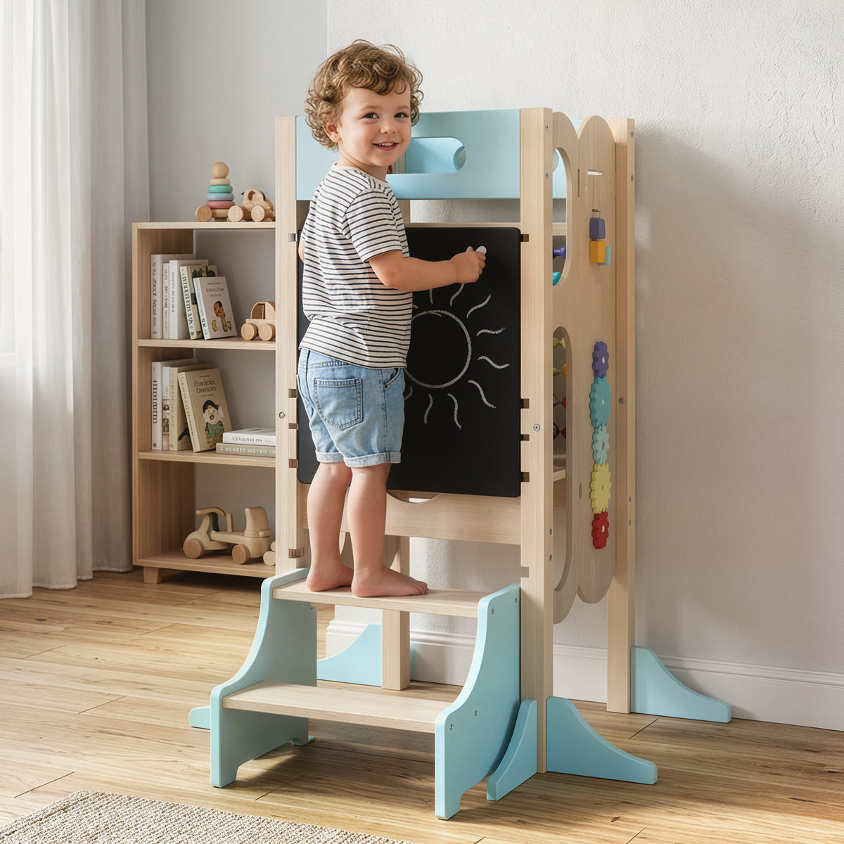 6-in-1 Toddler Kitchen Step Stool Helper, Montessori Toddler Standing Tower w/ Blackboard for 3-6 Year, Blue