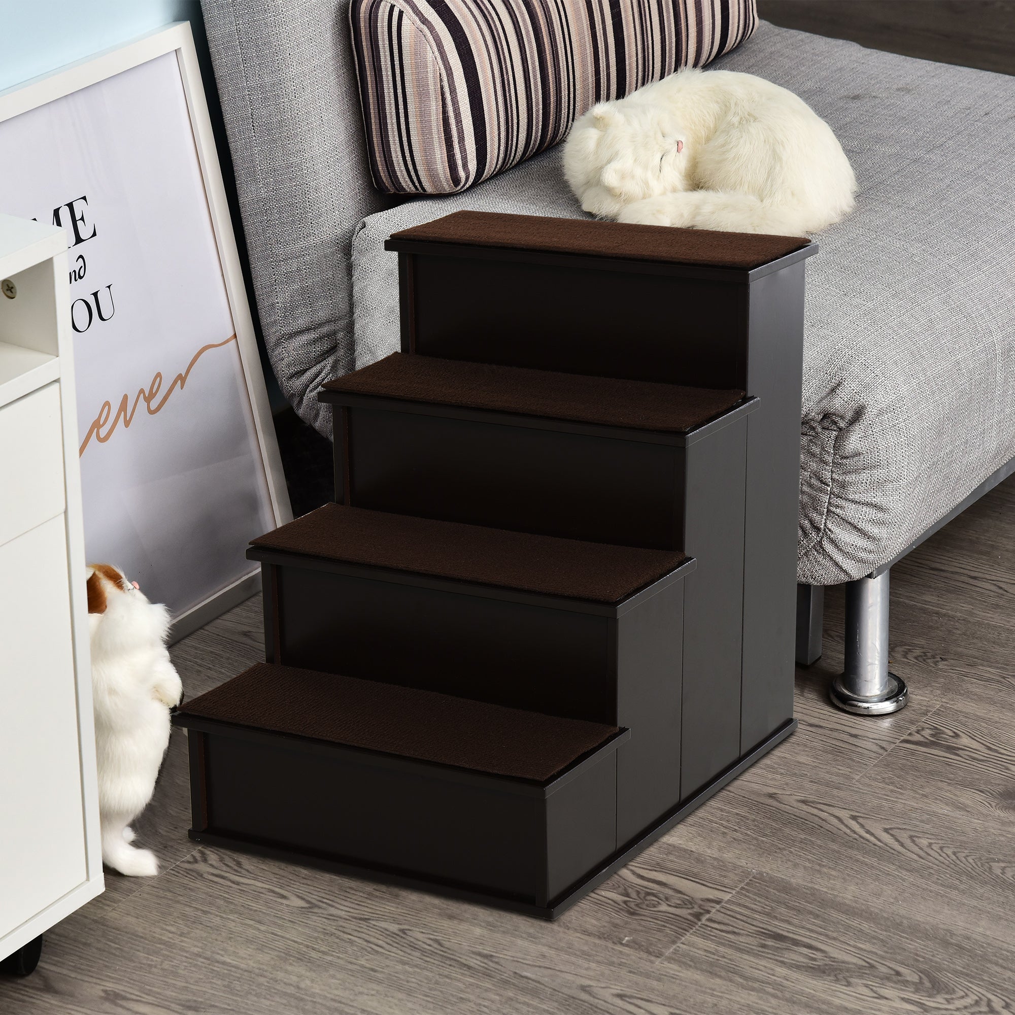 Pet Stairs, Small Pet Steps with Cushioned Removable Covering for Dogs and Cats Up To 22 lbs, Brown - Coffee - Image 2