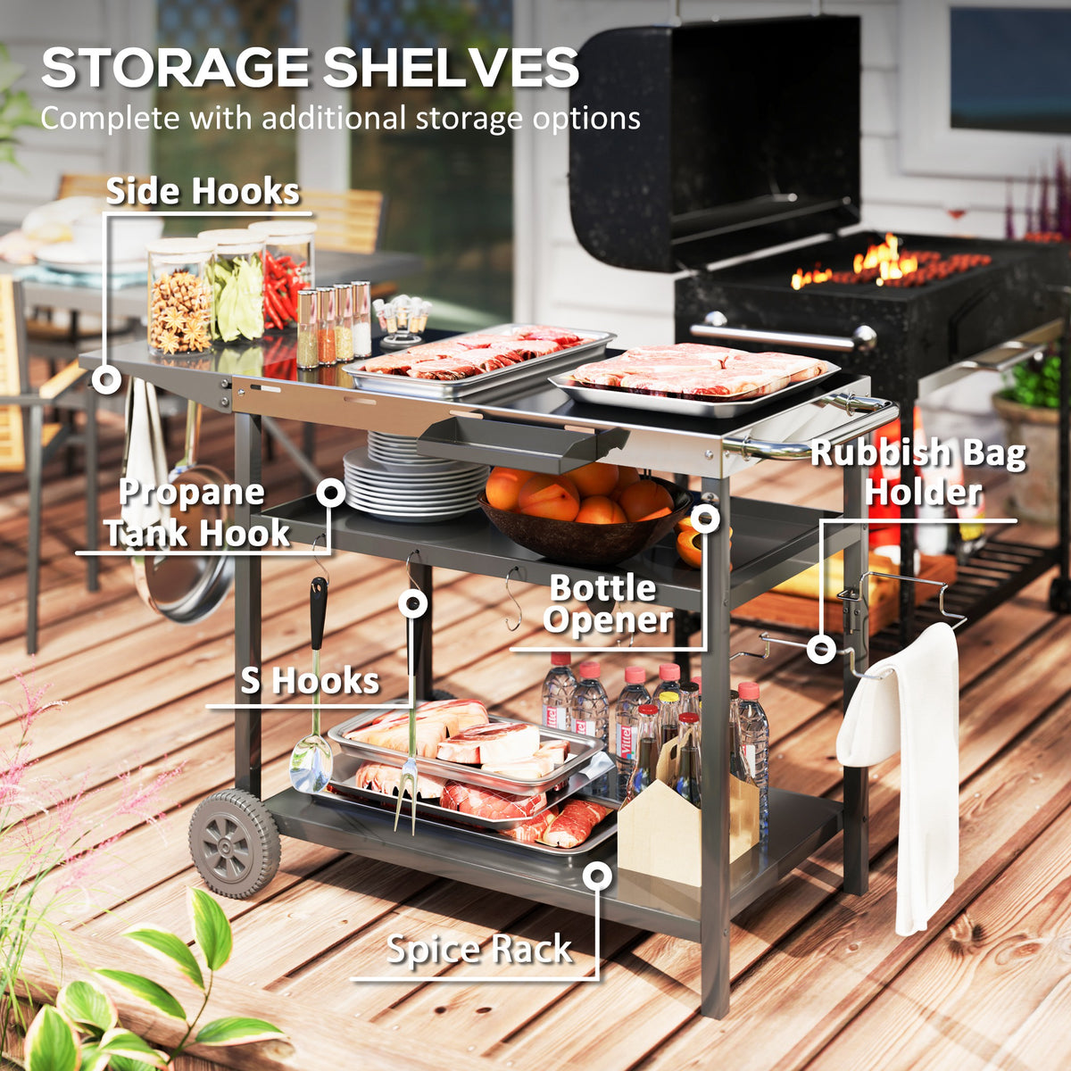 Outdoor Bar Cart Grill Table with Stainless Steel Tabletop, Wheeled Outdoor Serving Cart Prep Table with Storage, Hooks