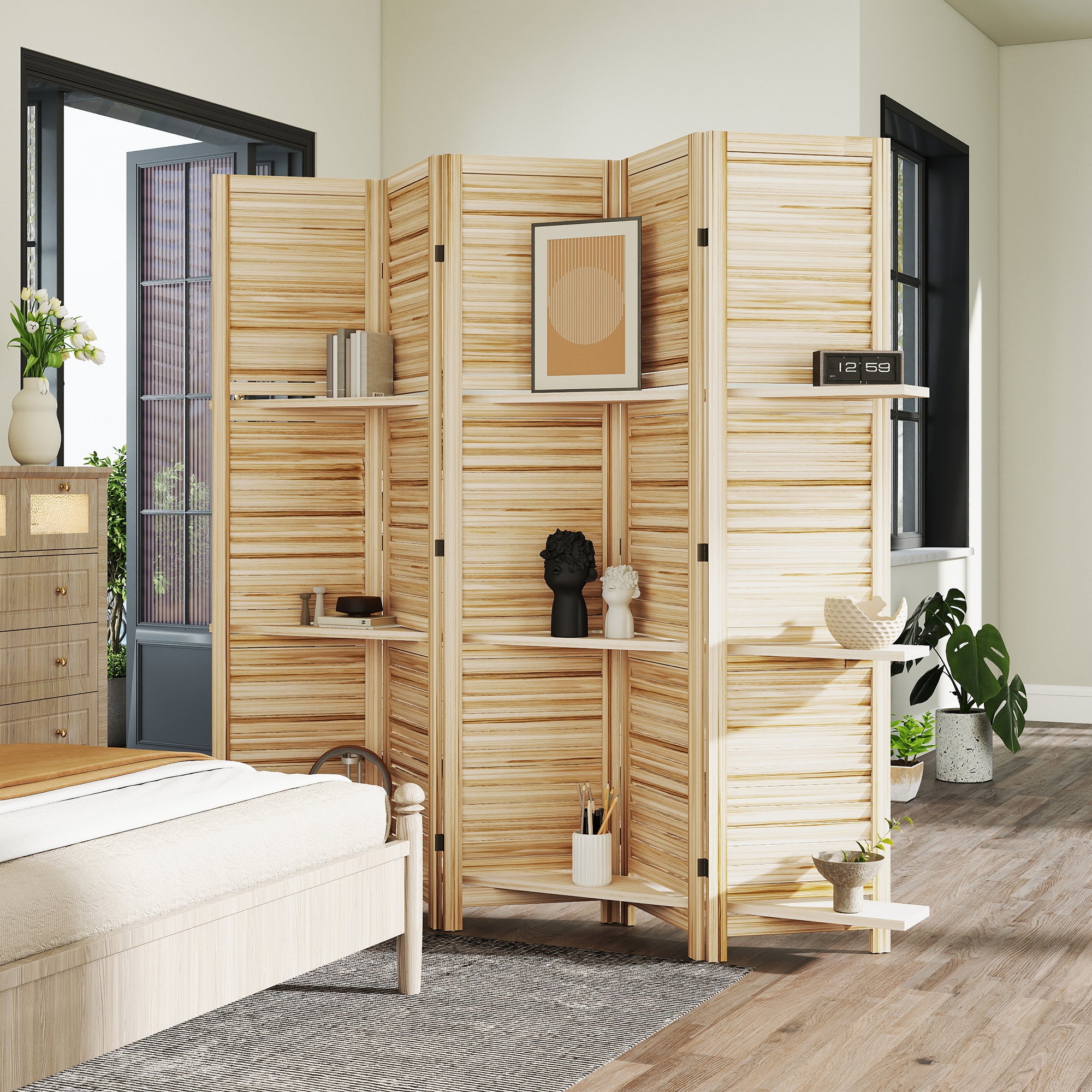 5 Panel 67" Tall Wood Privacy Screen Room Divider with 3 Shelves and Folding Storage for Bedroom, Natural Wood