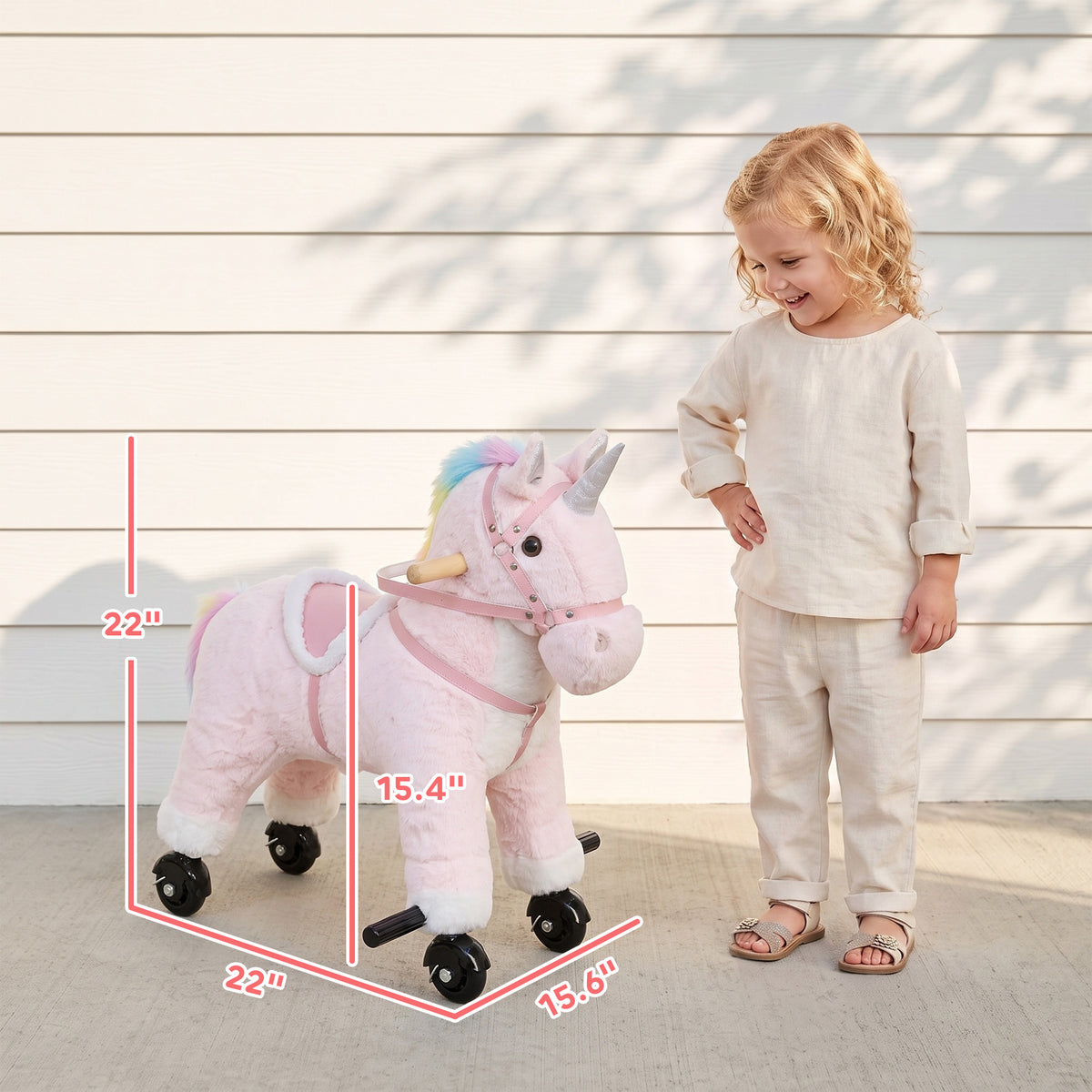 Ride on Horse for Kids 2-5 Years, 22 Inch Height Plush Ride On Pony with Wheels and Sounds for Active Play, Pink