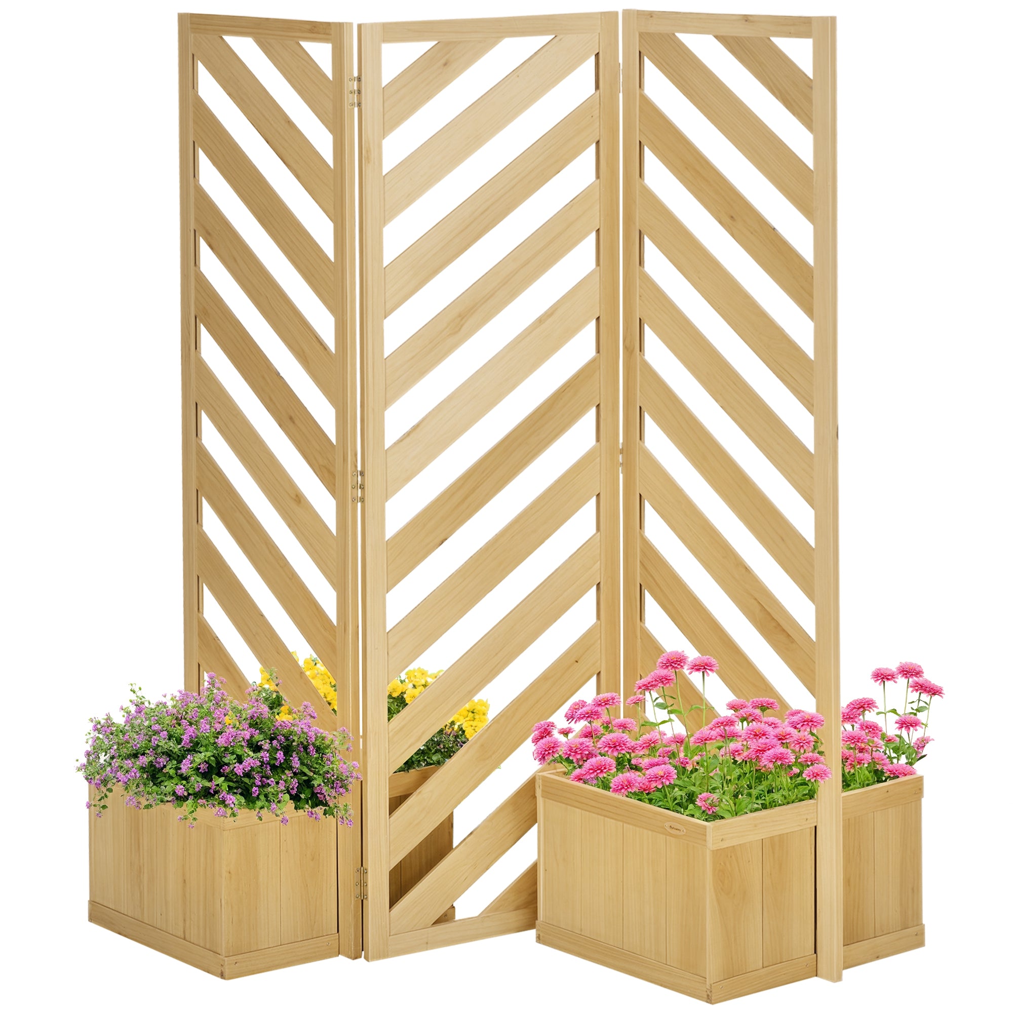 Decorative Outdoor Privacy Screen, Freestanding Divider/Separator with 4 Self-Draining Planters, 3 Trellis Plant Support Panels for Garden Walkway, Backyard, Natural Wood - Natural wood finish