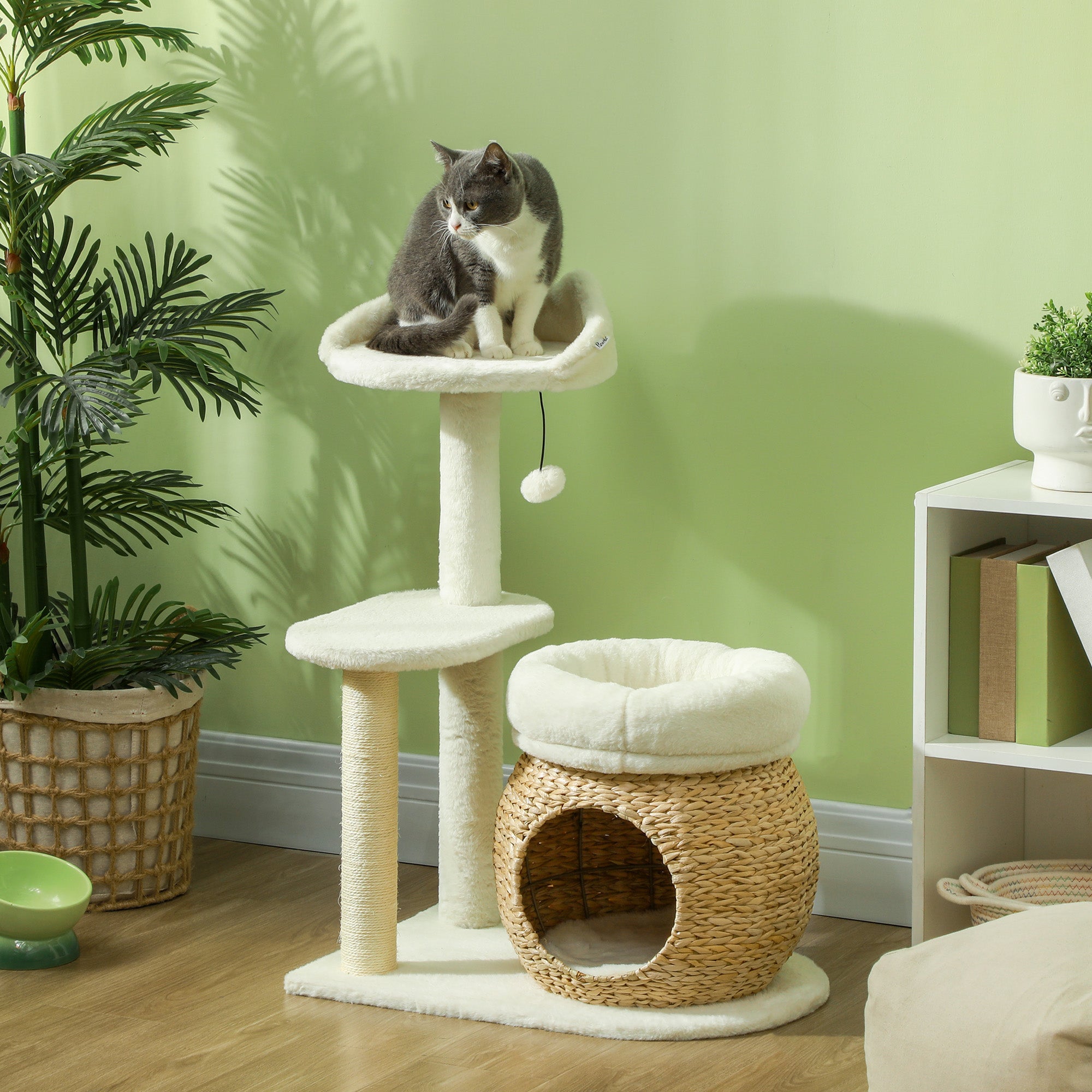 31" Cat Tree Tower with Scratching Posts, Cat Condo, Beds, Platform and Toy Ball for Indoor Cats, Cream White - Cream White - Image 2