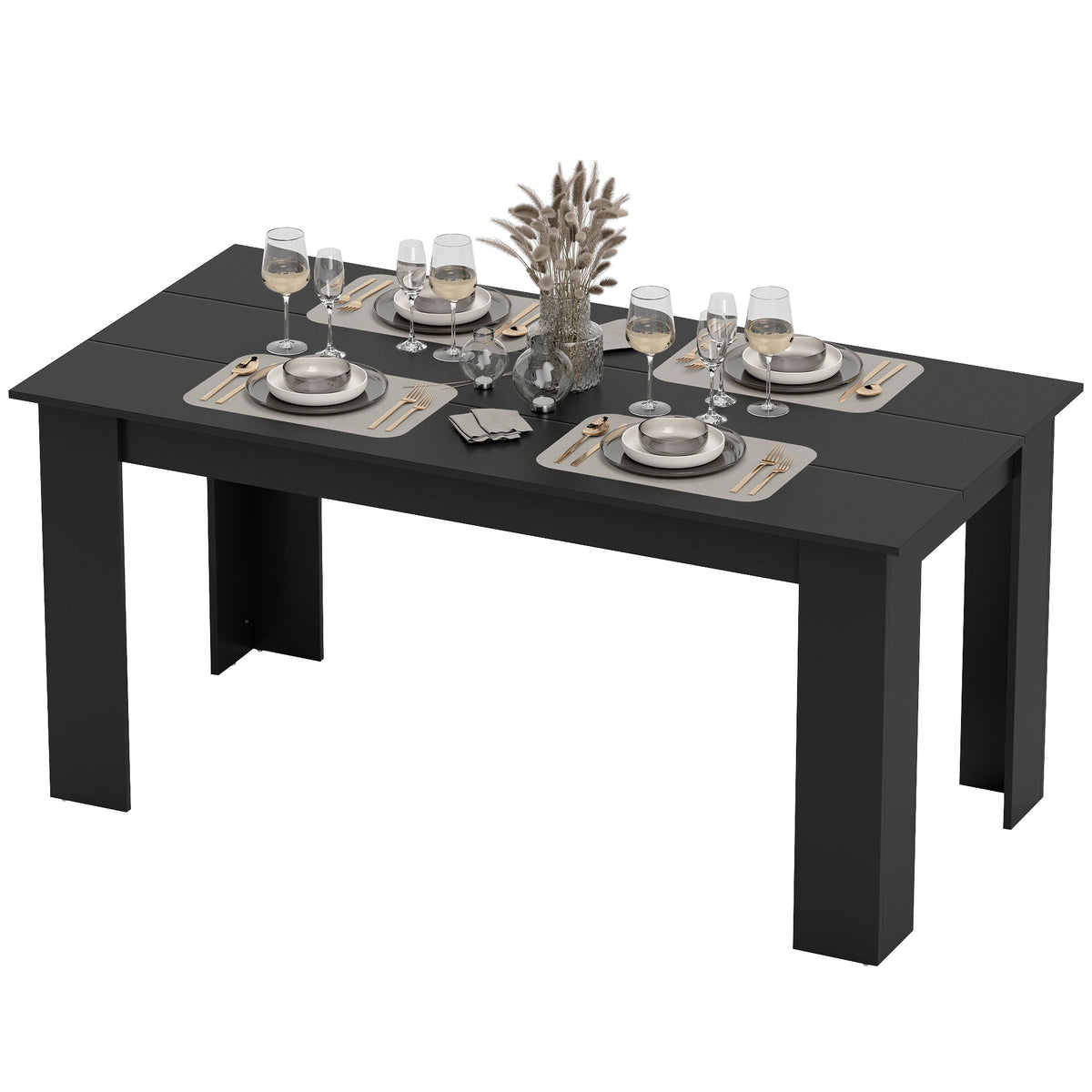 63" Dining Table for 4-6 People, Modern Rectangular Kitchen Table for Dining Room, Living Room, Black Wood Effect