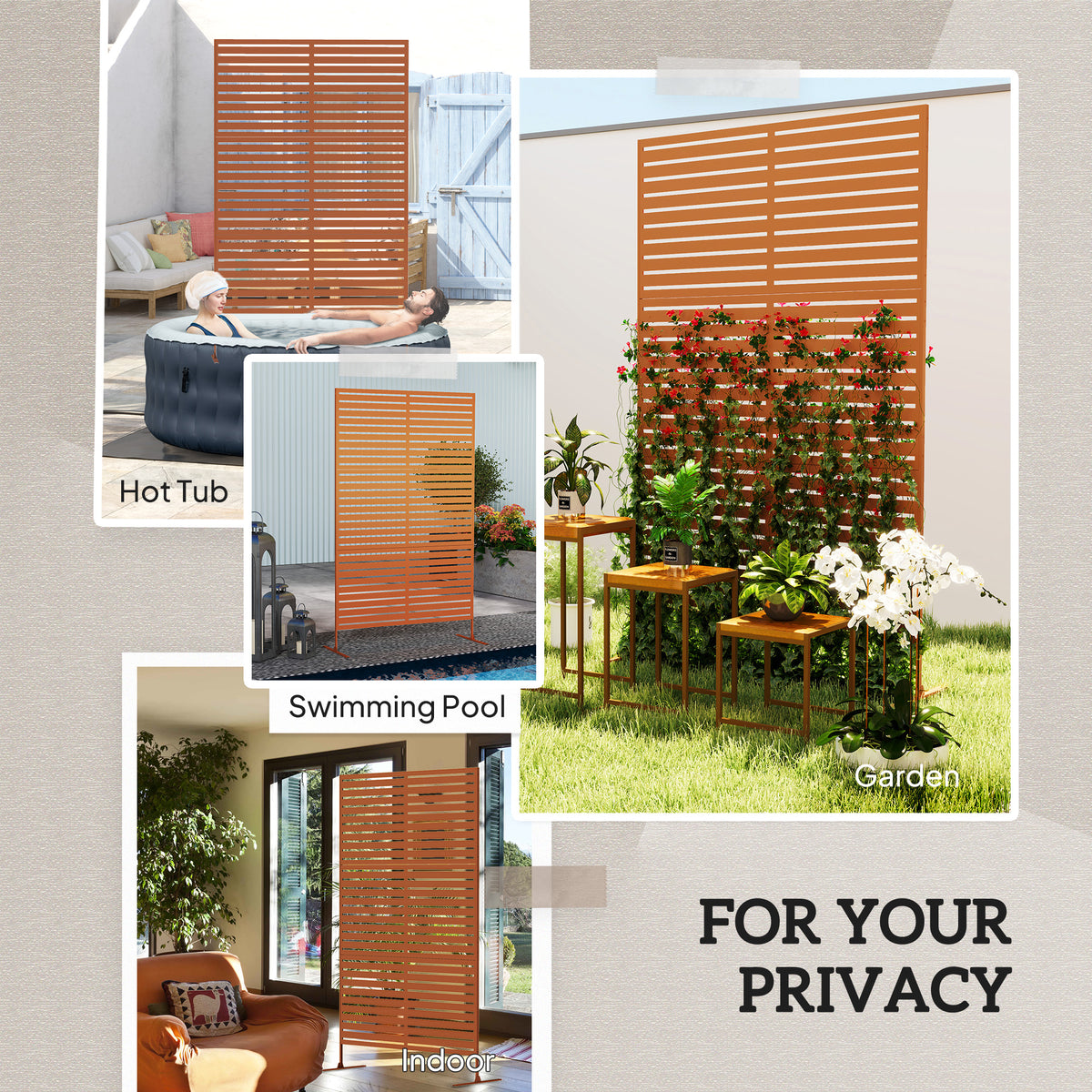 Decorative Privacy Fence Screen, Metal Outdoor Privacy Screen Climbing Plant Trellis with Stand, 78" H x 48" W, Brown