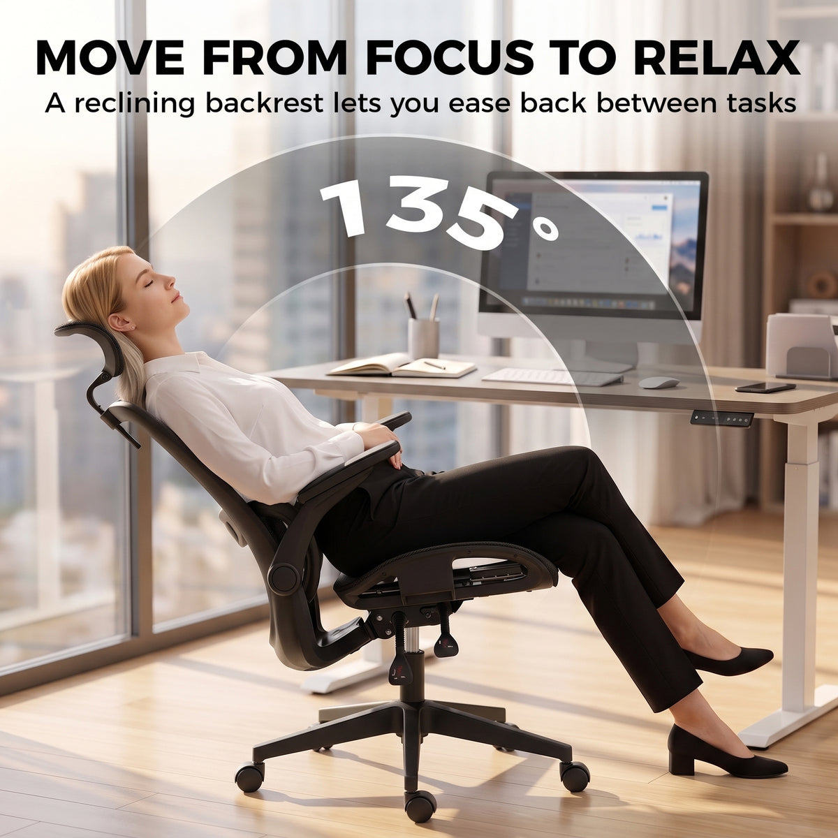 Ergonomic Office Chair with Adaptive Lumbar Support, Reclining Mesh Desk Chair with 2D Headrest, Flip-Up Arms, Black