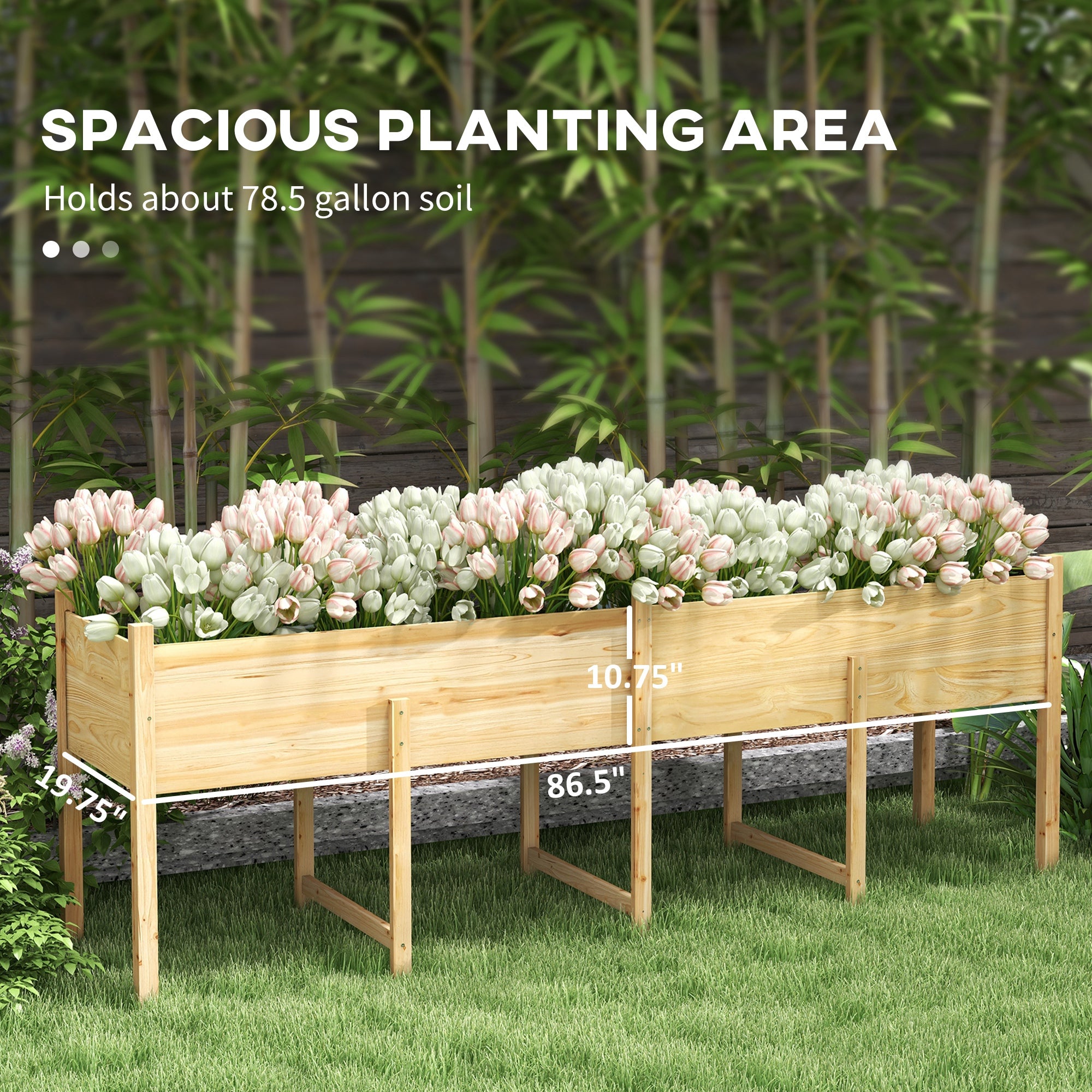 Wooden Raised Garden Bed, Large Elevated Planter Box with Legs, Bed Liner and Drain Holes, 7.4' x 1.8' x 2.6', Natural - Natural Wood - Image 4