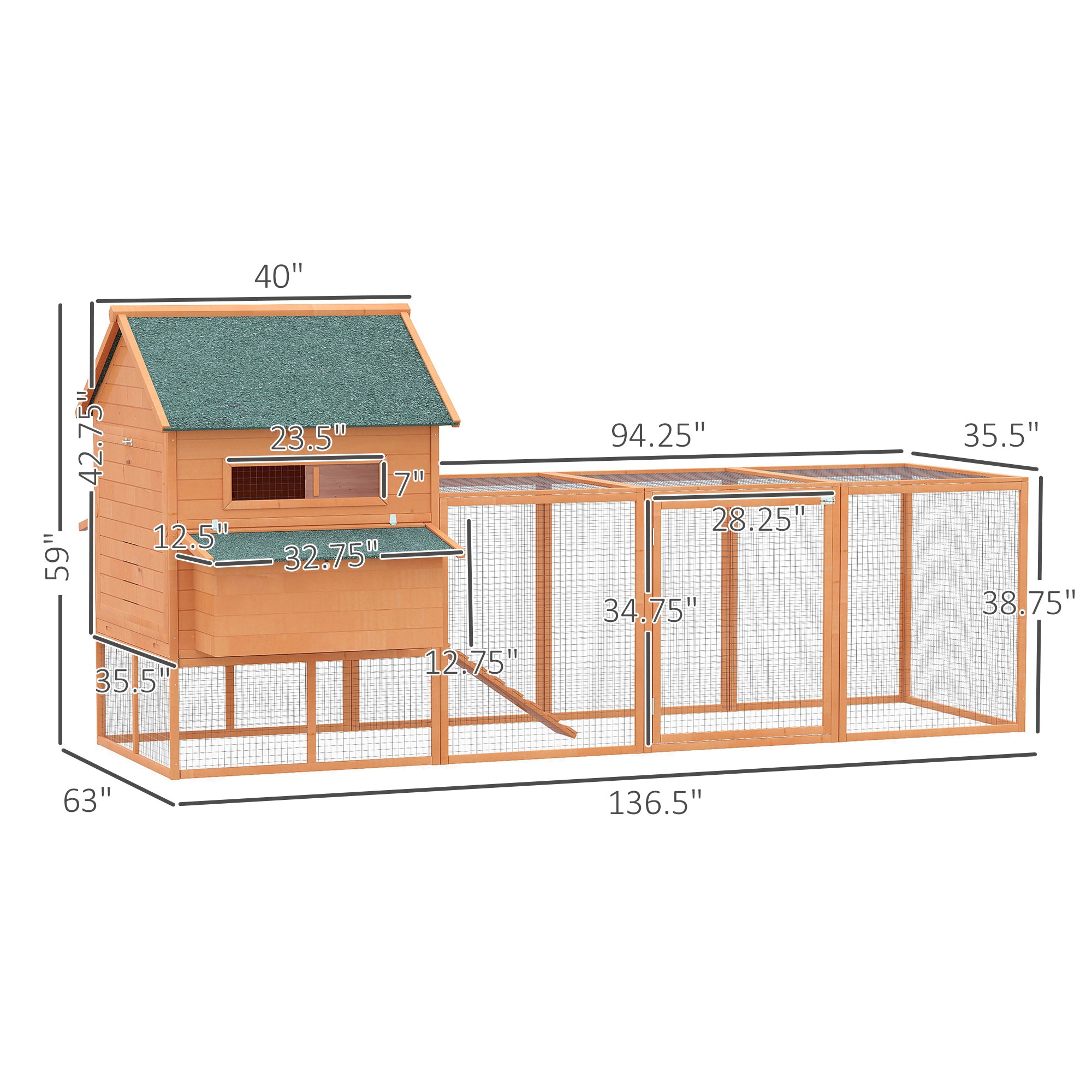 137" Chicken Coop for 8-10 Chickens, Large Chicken House, Wooden Poultry Hen Cage with Nesting Box and Run for Backyard, Orange - Orange - Image 3