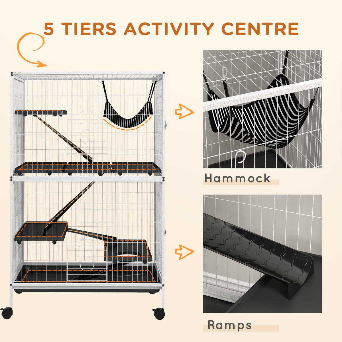 50" H Rolling Small Animal Cage with Hammock, Ferret Cage, Chinchilla Cage, Pet Habitat, wIth 4 Doors, Removable Tray