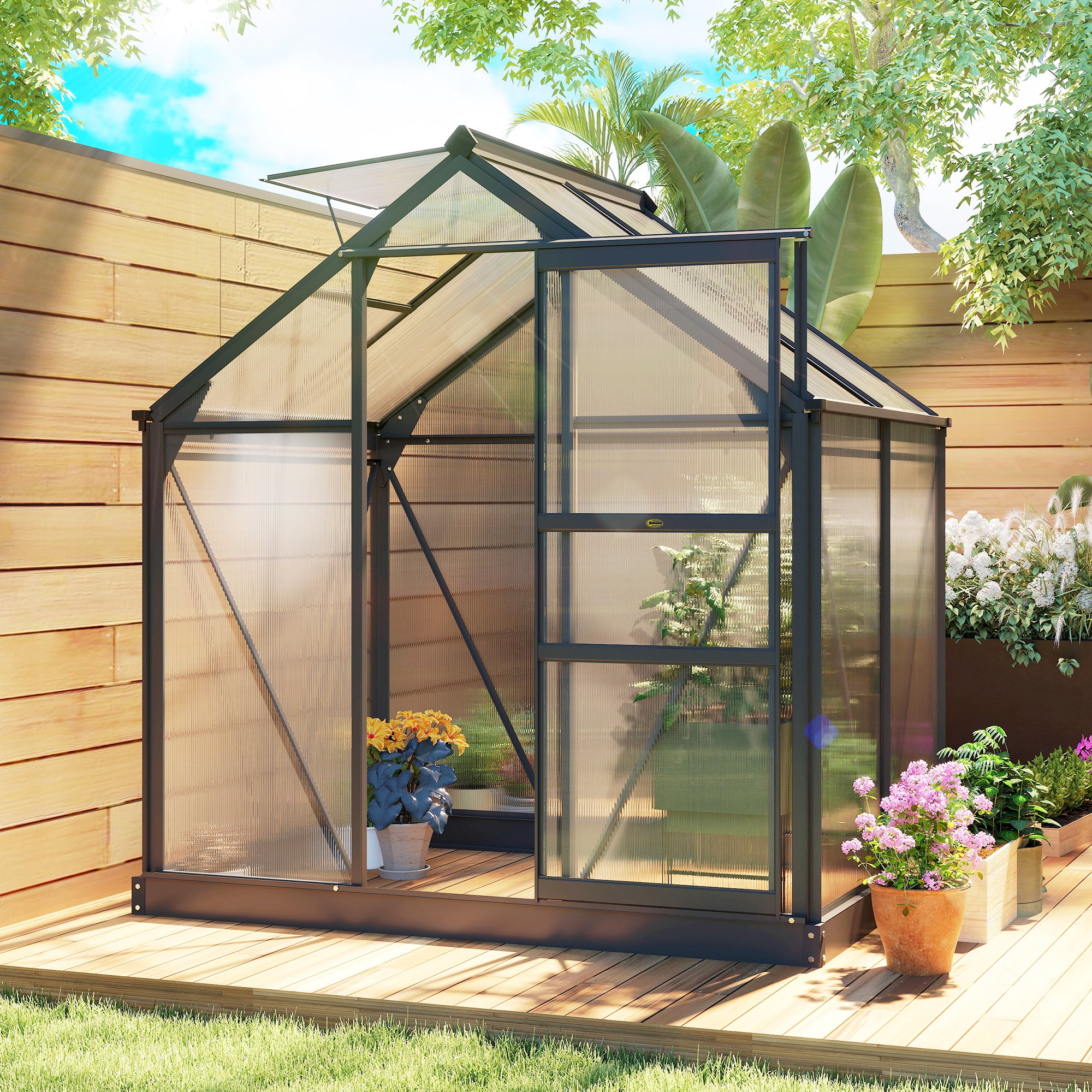 Polycarbonate Greenhouse, Heavy Duty Outdoor Aluminum Walk-in Green House Kit Vent Door, 6.2'x4.3'x6.6' Gray - Gray - Image 2