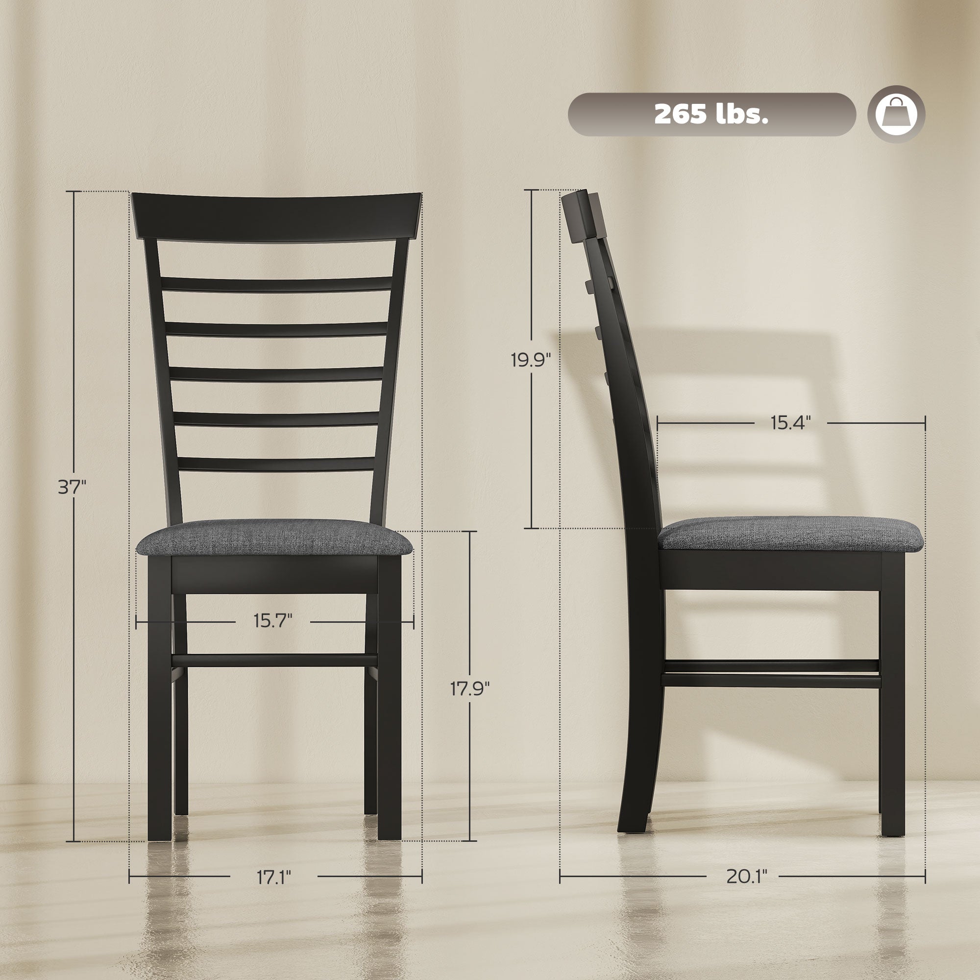 Wooden Dining Chairs Set of 4, Farmhouse Upholstered Kitchen Chairs with Rubber Wood Frame, Black and Gray