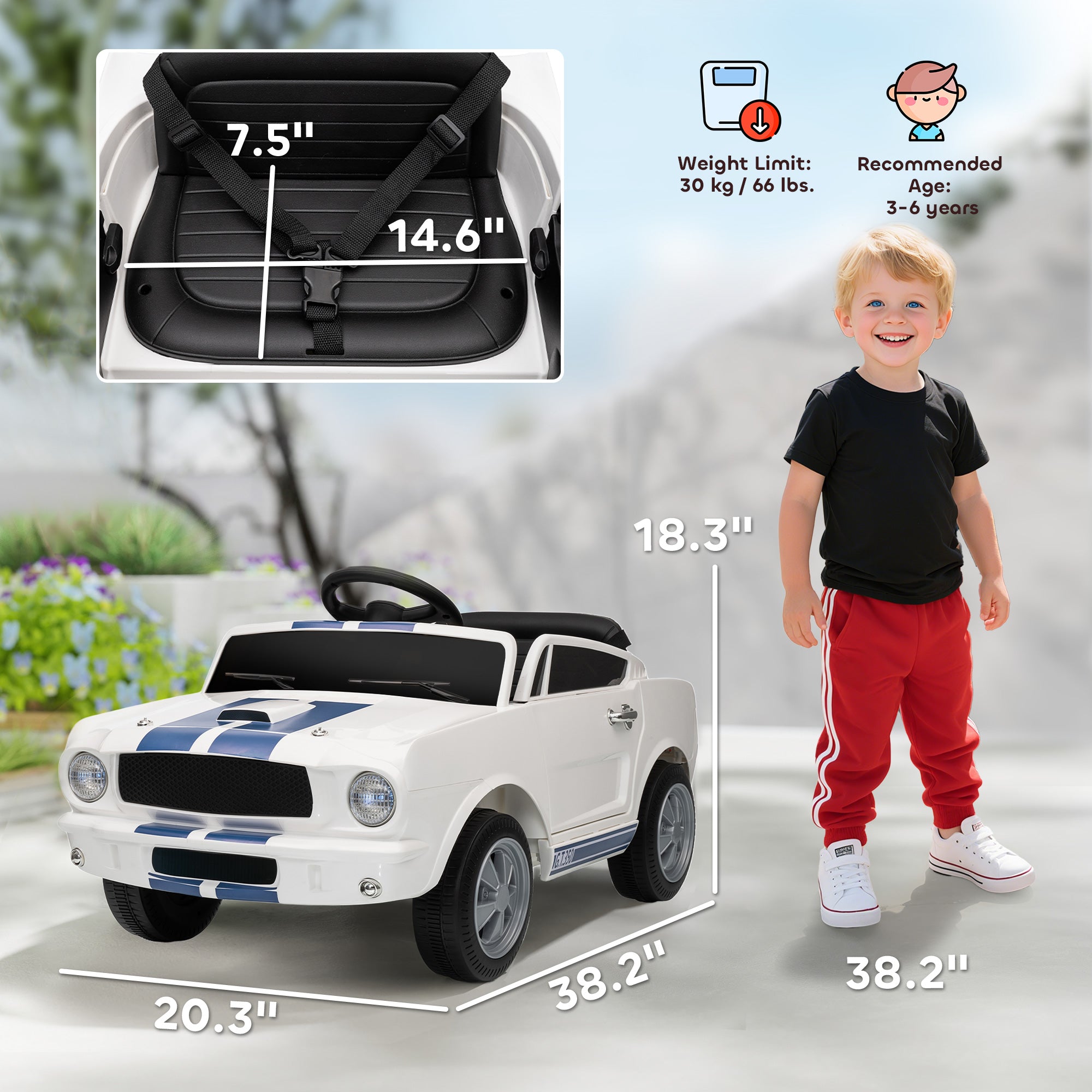 Licensed Ford Shelby GT 350 Kids Ride On Car with Remote Control, Adjustable Speed, MP3, Smooth Start, LED Lights, White