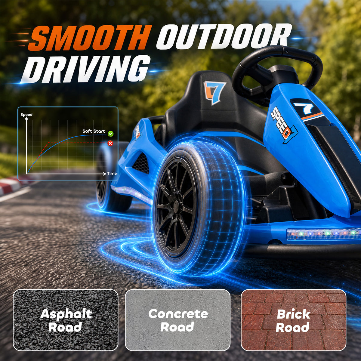 24V Electric Drift Go Kart for Kids with Dual Motors, Soft Start, PU Wheels, 7.5MPH High Speed, for Ages 6-14, Blue