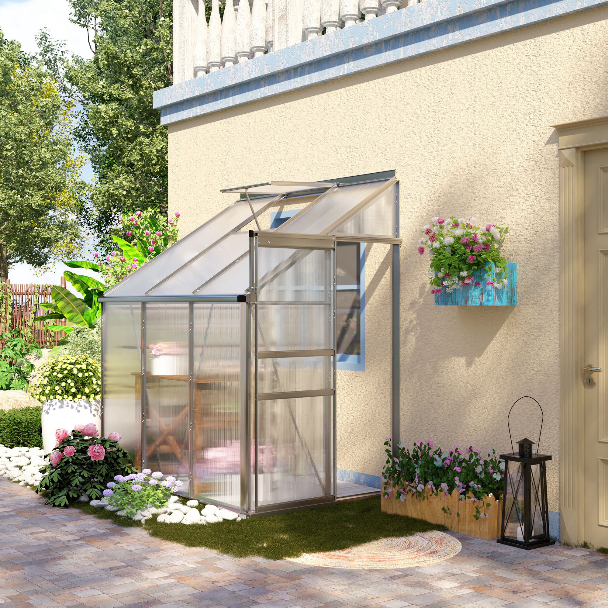 6' x 4' Aluminum Lean-to Greenhouse Polycarbonate Walk-in Garden Greenhouse with Adjustable Roof Vent, Rain Gutter and Sliding Door for Winter, Clear - Clear - Image 2