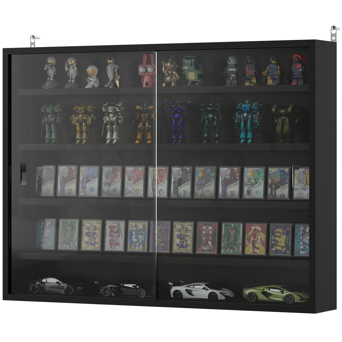 5-Tier Display Cabinet, Wall-Mounted Display Case with 2 Glass Doors and Adjustable Shelves, Jet Black