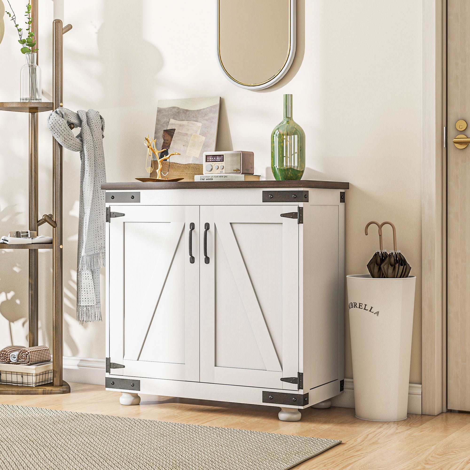 Kitchen Sideboard, Buffet Cabinet with Barn Door and Adjustable Shelf, Distressed White