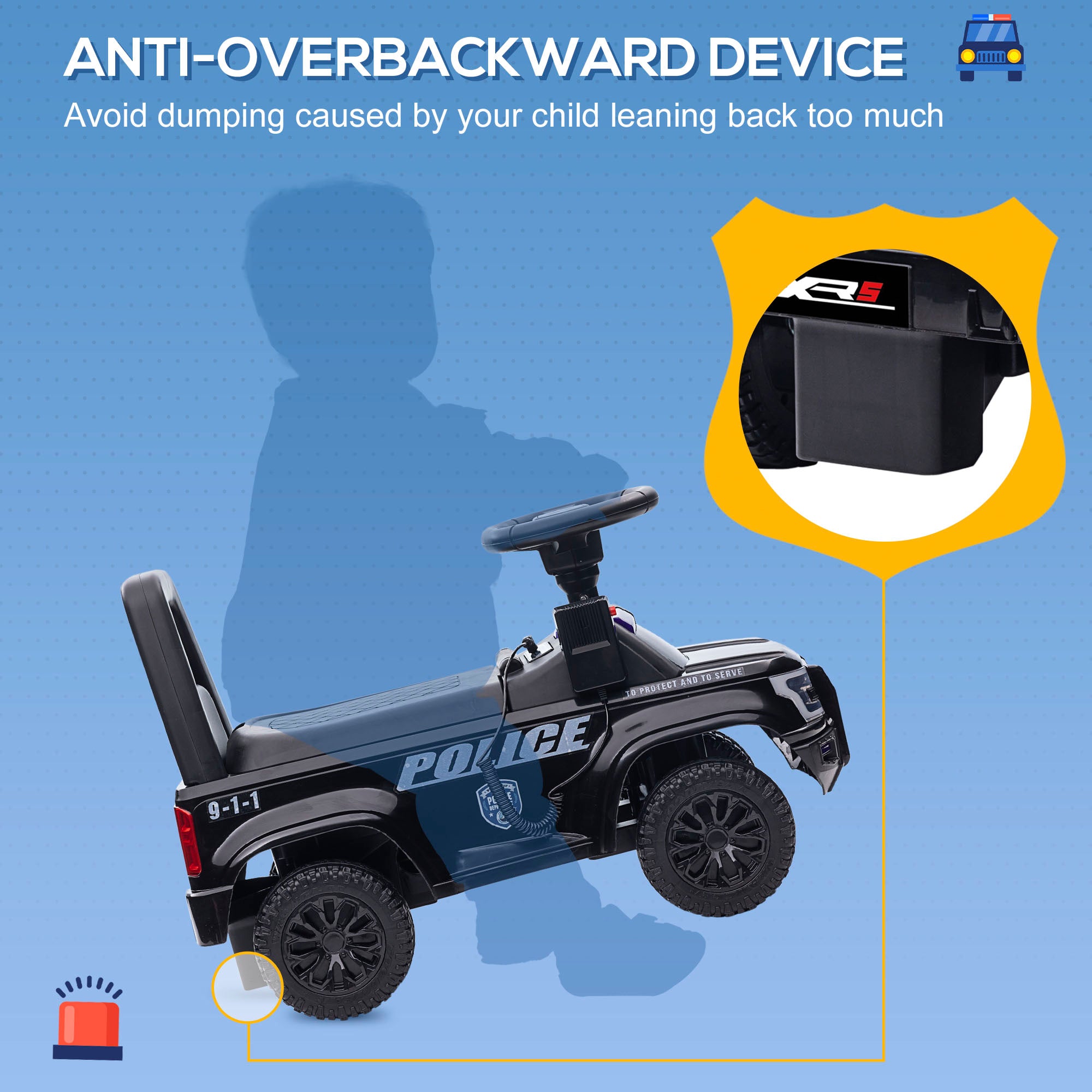 Kids Push Ride On Car with Working PA System and Horn, Police Truck Style Foot-to-Floor Sliding Car for Boys and Girls with Under-Seat Storage, for 18 Months to 5 Years Old, Black