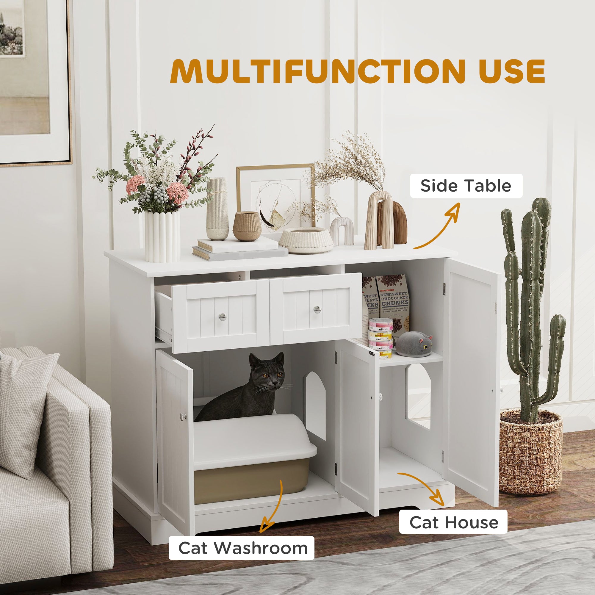 Cat Litter Box Enclosure with Drawers, Storage, Anti-tip Kit, 39" x 18" x 31.5", White - White - Image 4