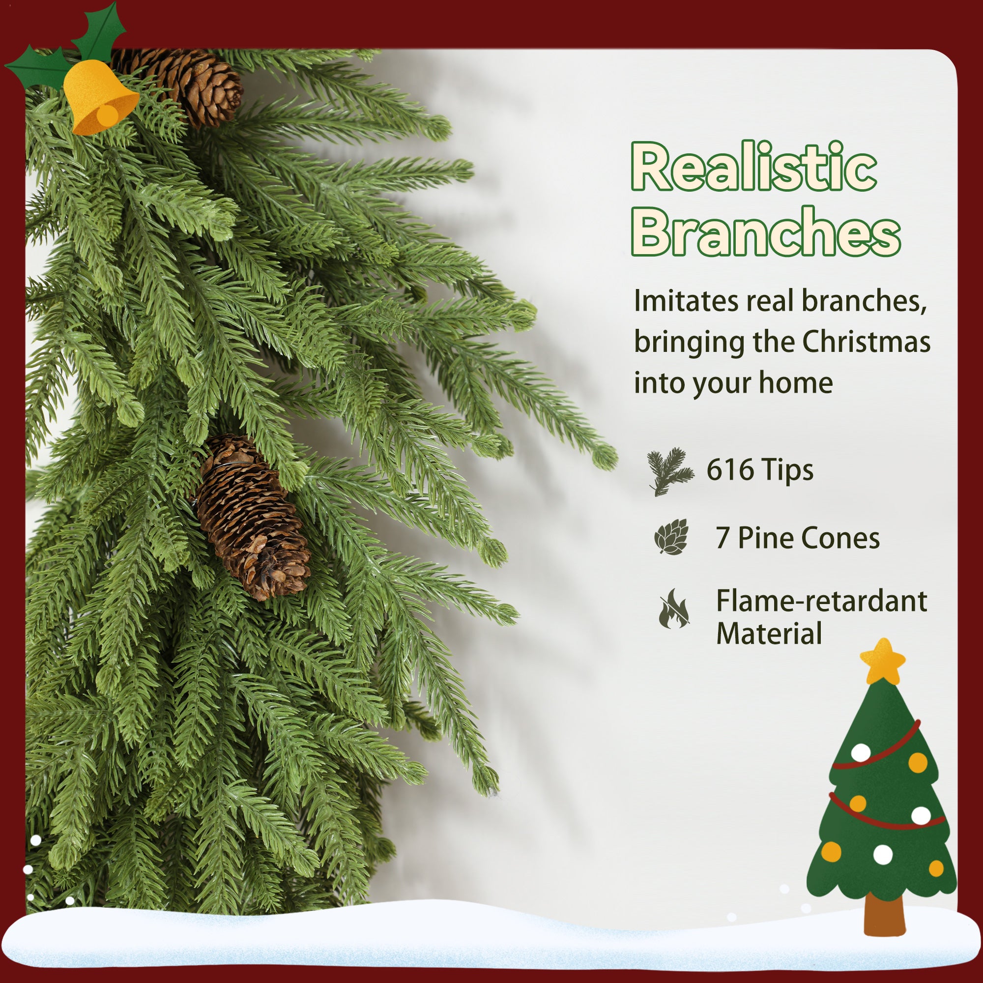 24 inch Christmas Wreath, Artificial Norfolk Pine Wreath with Pine Cones and 88 Realistic Branches for Door, Wall