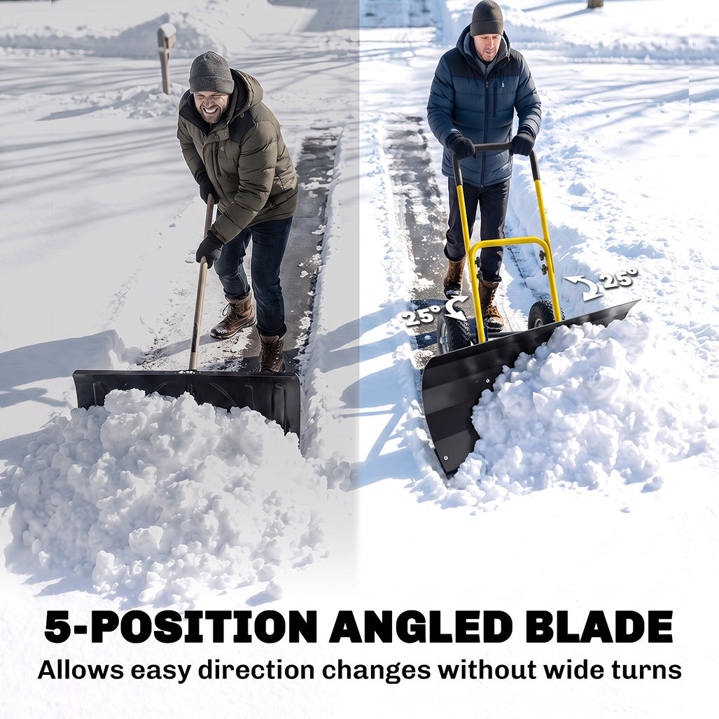 Snow Shovel with Wheels, 29" x 16.5" Metal Snow Pusher with Adjustable Handle, 5-Angle Blade for Driveway, Yellow
