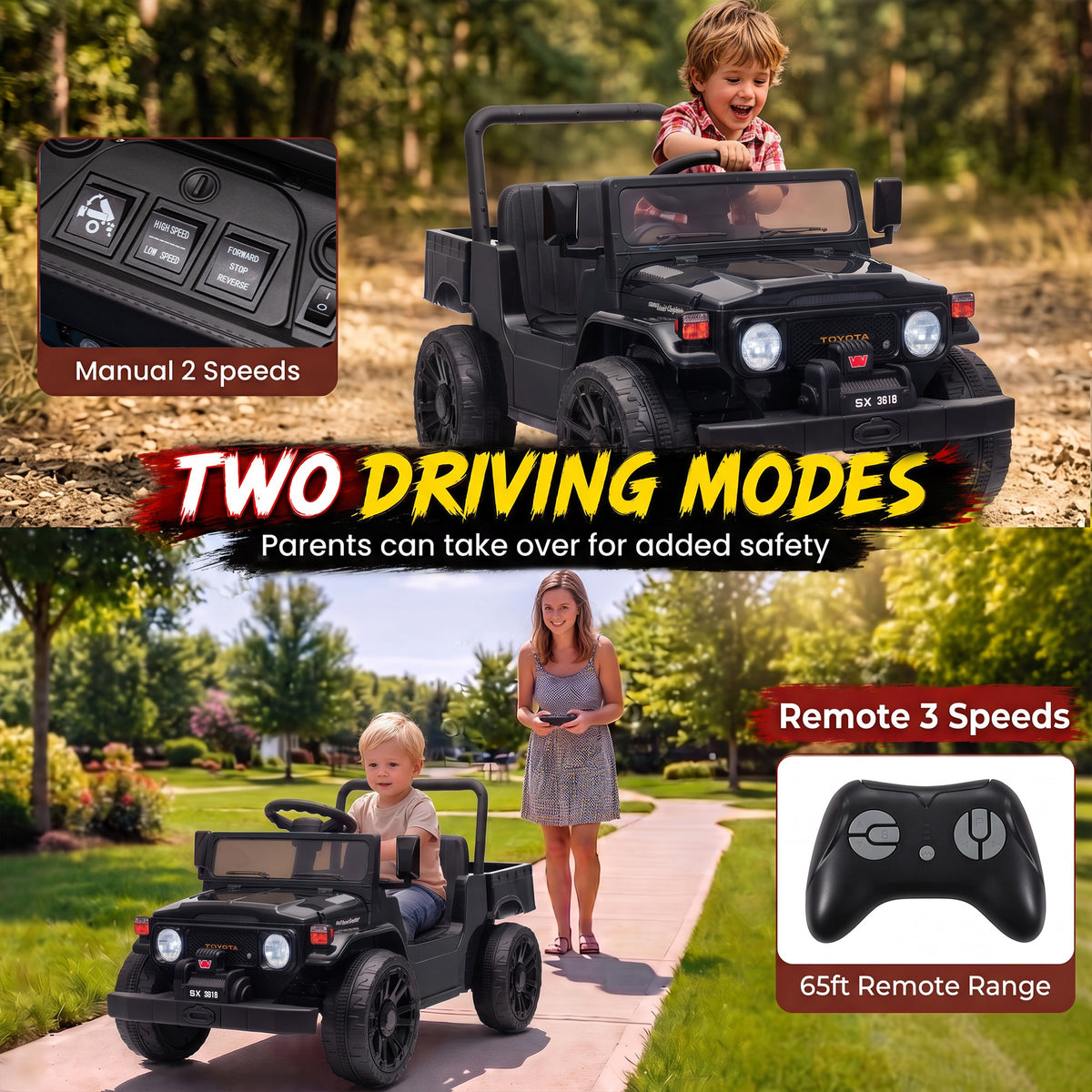 Licensed Toyota FJ45 Pick Up Ride on Truck, 24V Kids Electric Car with Dual Motors Up to 3.7MPH for Kids 3-8 Years Black