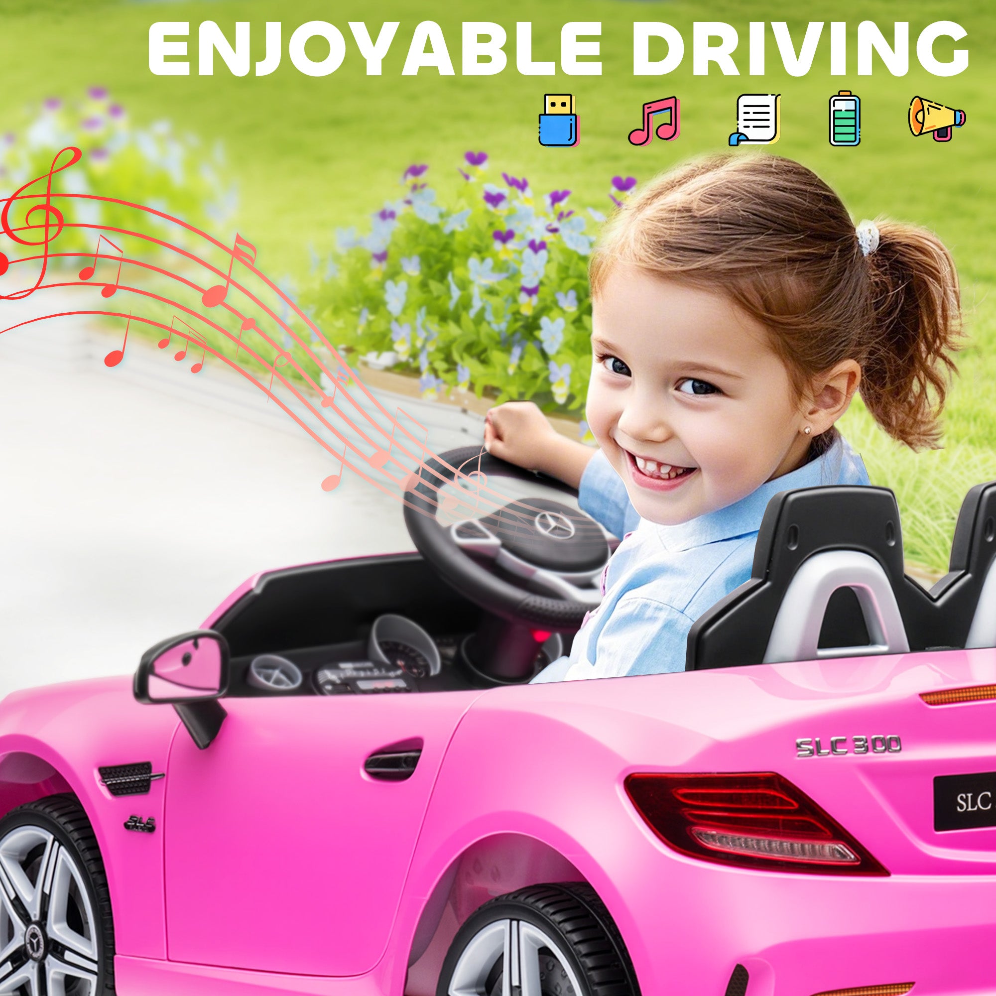 Mercedes SLC 300 Licensed Kids Electric Car with Remote Control, 12V Battery Powered Kids Ride on Car with Music, Lights, Suspension for 3-6 Years Old, Pink