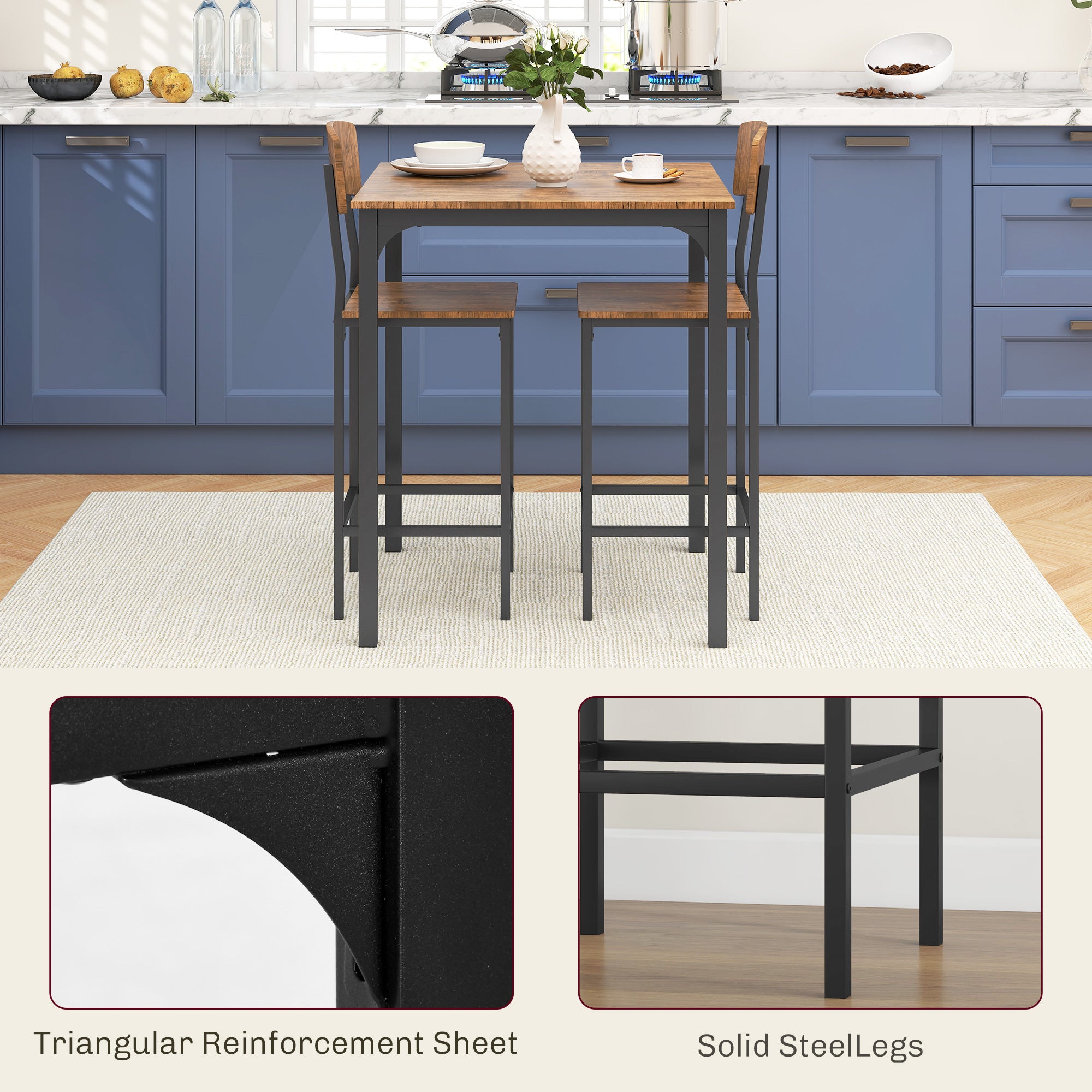 3 Piece Pub Table and Chairs, Small Kitchen Table and Chairs, Square Dining Table with 2 Stools, Walnut and Black