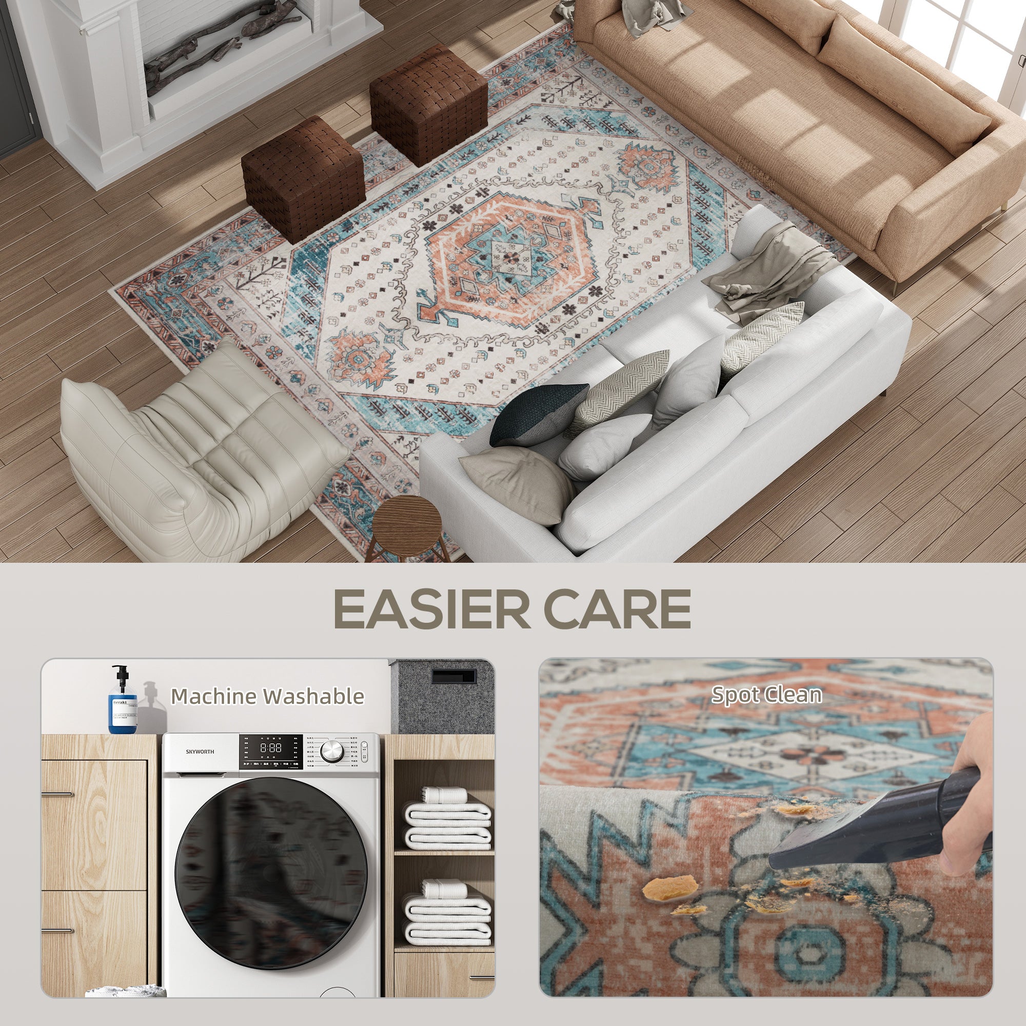 5x7 Area Rug, Vintage Machine Washable Rug, Non-Slip Floor Carpet for Living Room, Bedroom, Dining Room, Brown and Blue