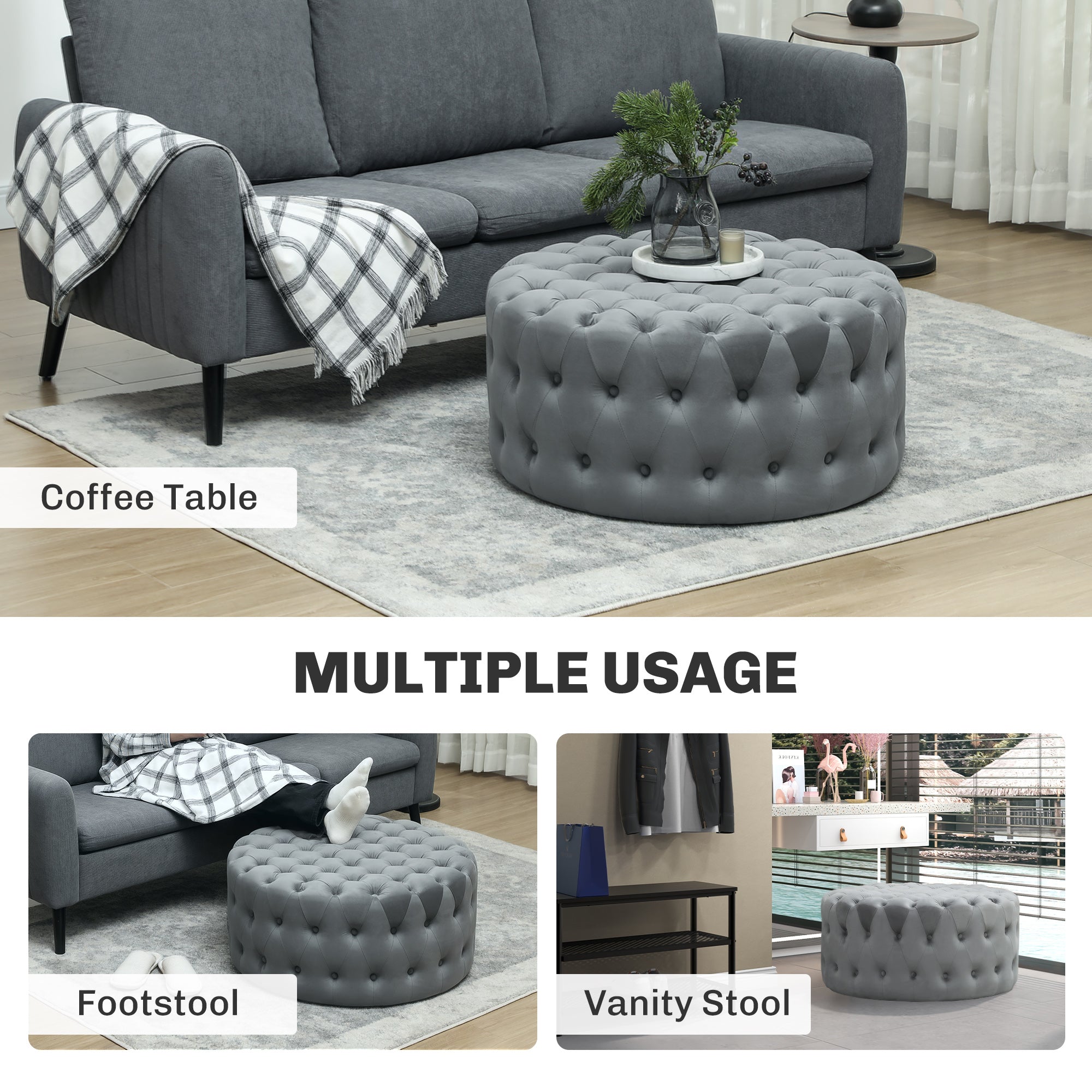 Round Ottoman Coffee Table with Velvet-feel Upholstery, Button Tufted Design and Padded Seat, Dark Gray