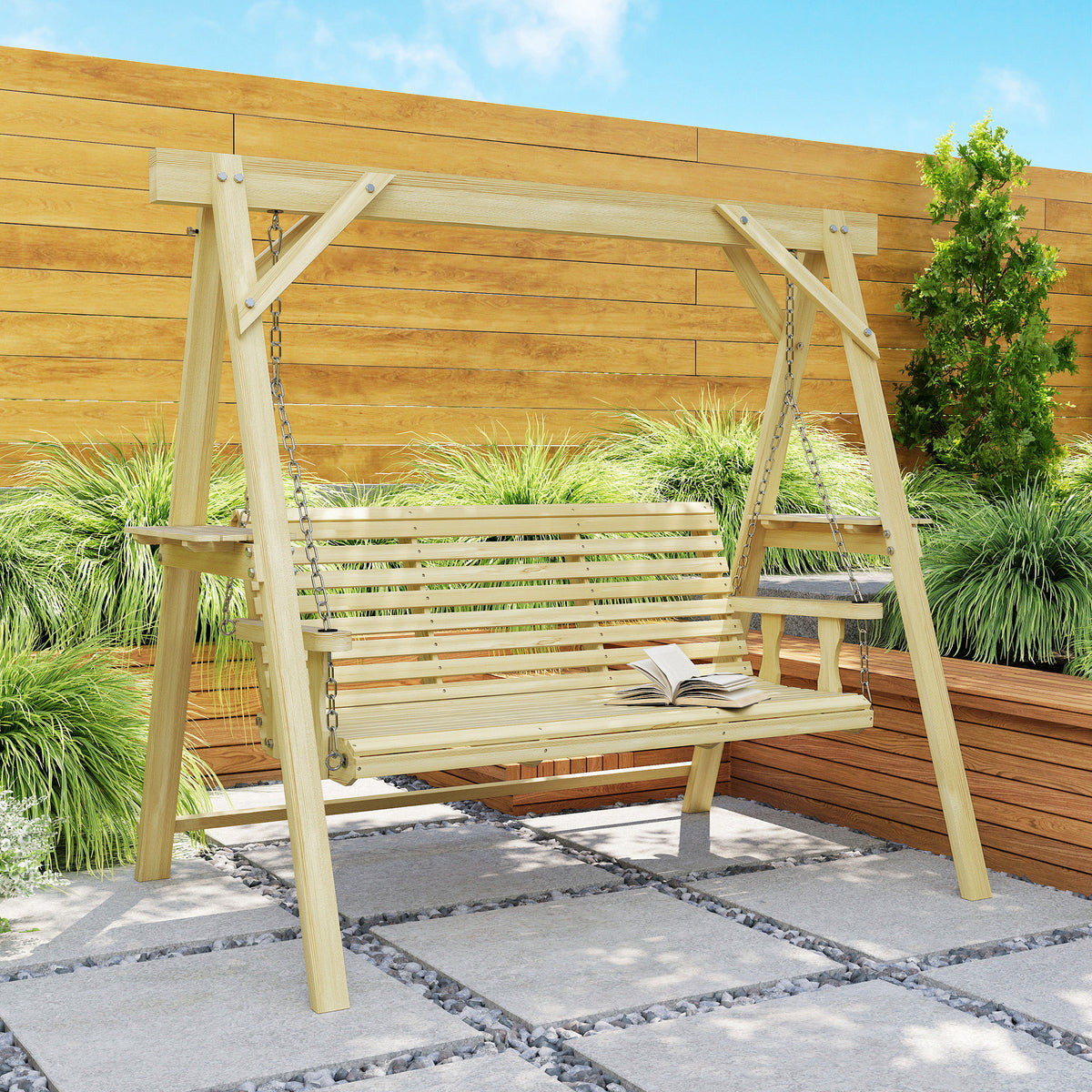 3 Seat Wooden Porch Swing with Stand, Patio Swing with Side Tables, for Garden, Poolside, Backyard, Natural Wood