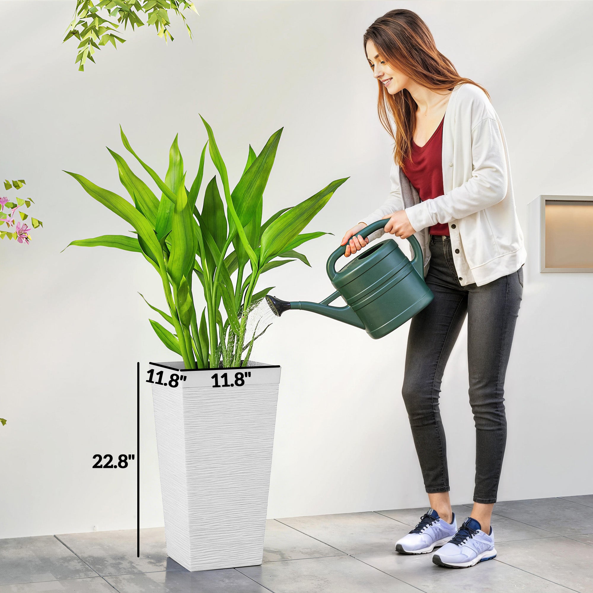 22.8 Inch Set of 3 Outdoor Planters with Stone Finish and Wheels, Stackable Tapered Planters with Drainage Hole, White - White - Image 3