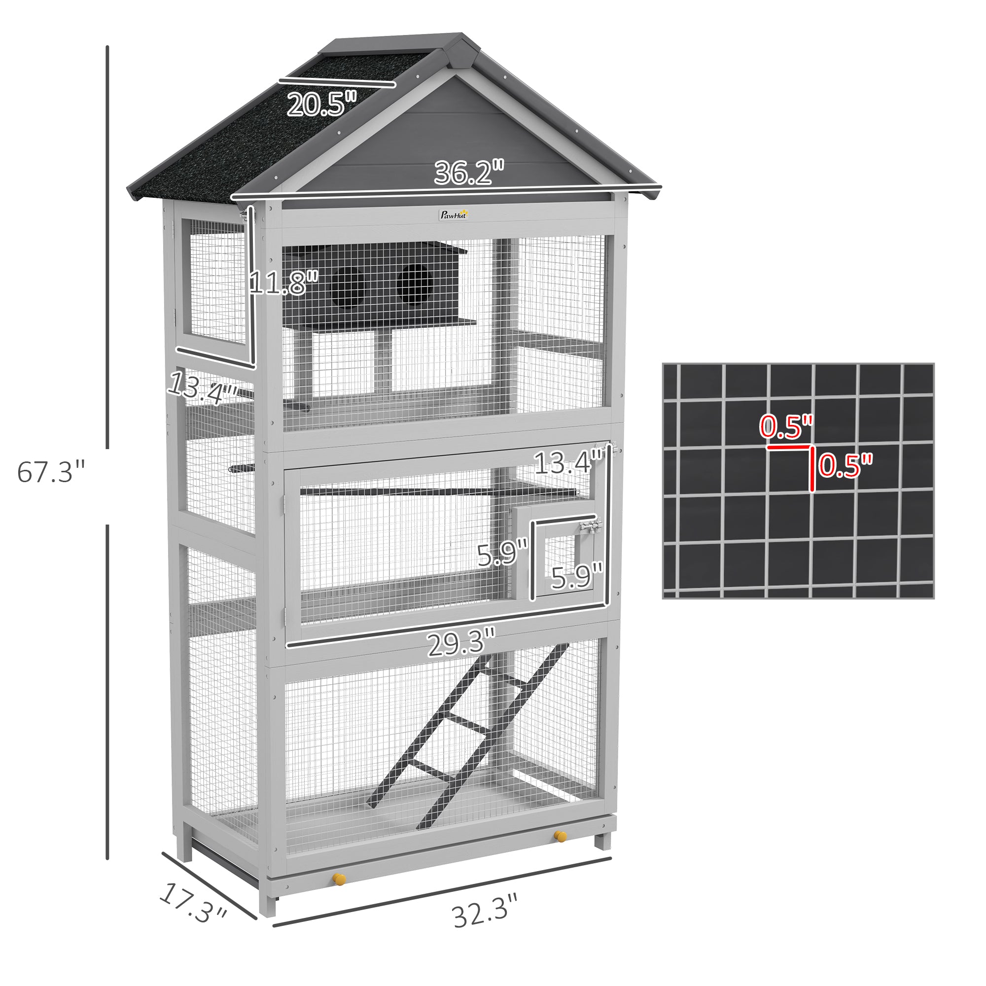 Wooden Bird Aviary with Slide-Out Tray, Birdhouse, Ladder, Perches for Finches, Parakeets, Gray - Gray - Image 3