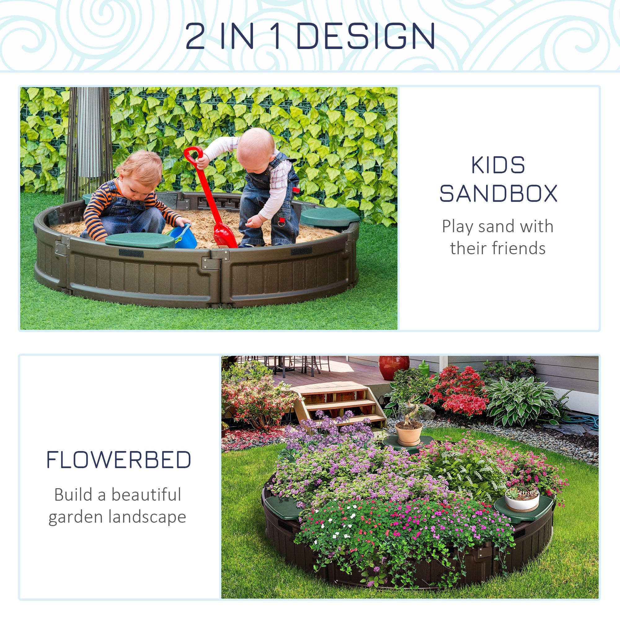 Kids Outdoor Sandbox with Cover Garden Bed Sand Pit, Easy Assembly Children's Round Sandbox for Backyard, Brown, 48.5" x 48.5" x 8.75"