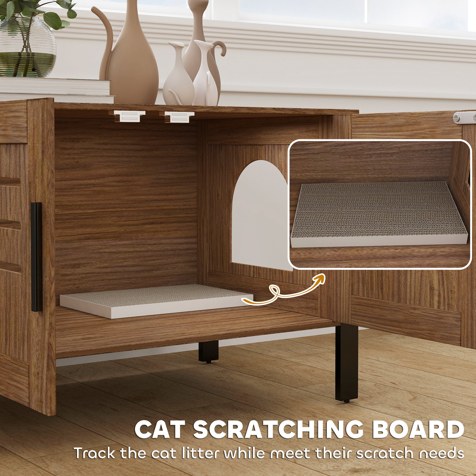 Cat Litter Box Enclosure with Tall Legs, Scratching Board, Dark Brown, 31.5"L x 17.7"W x 19.7"H - Brown - Image 6