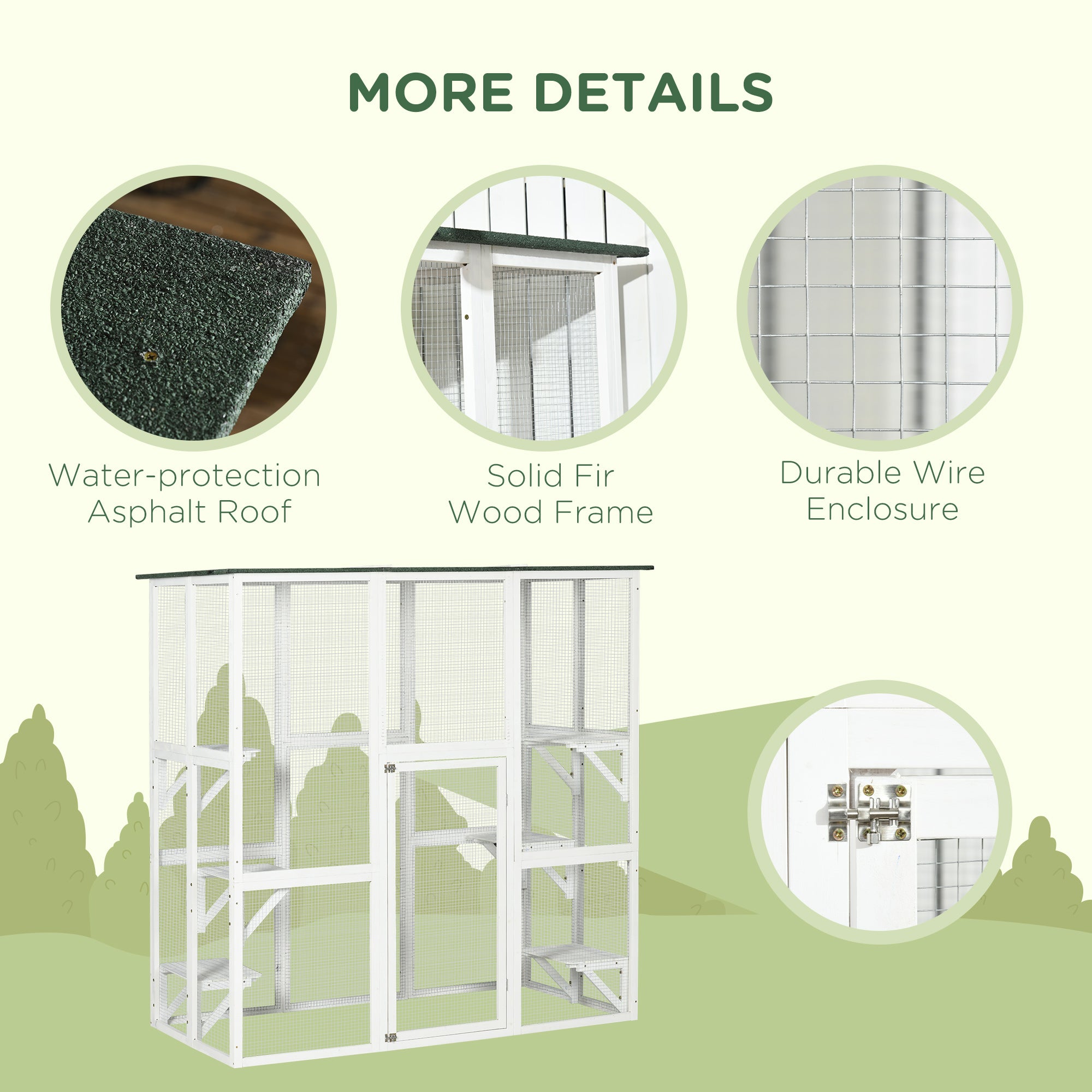 Outdoor Cat House Big Catio Wooden Feral Cat Shelter Enclosure with Large Spacious Interior, 6 High Ledges, Weather Protection Asphalt Roof, 71" L, White - White - Image 5