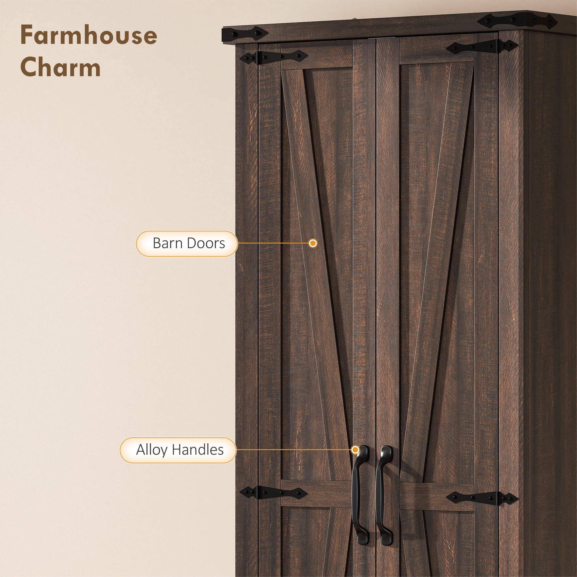 71" Pantry Cabinet, Kitchen Storage Cabinet with Adjustable Shelves, Barn Doors and Drawer for Dining Room, Brown