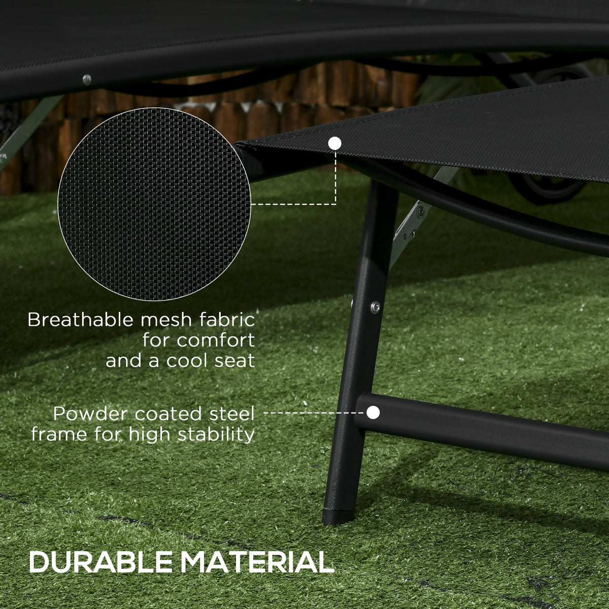 Chaise Lounge Outdoor, 2 Piece Lounge Chair with Wheels, Tanning Chair with 5 Adjustable Positions, Black