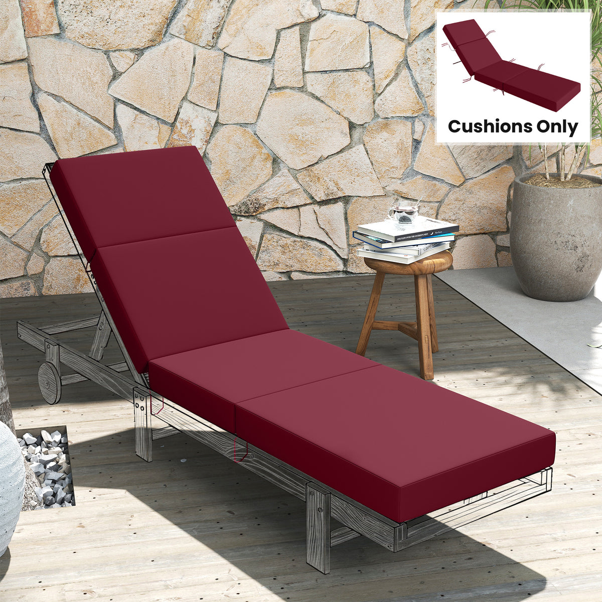 Chaise Lounge Cushion, 4" Thick Outdoor Lounge Chair Cushion with Ties for Patio, 21" x 72", Red