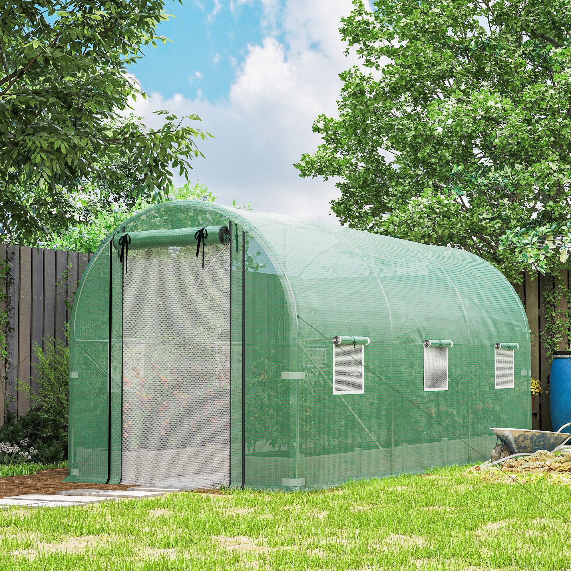 Hoop House Greenhouse, Walk-in Tunnel Greenhouse with 2 Support Rods, Zippered Roll-up Mesh Door, 14.6'x6.5'x6.6', Green - Green - Image 2