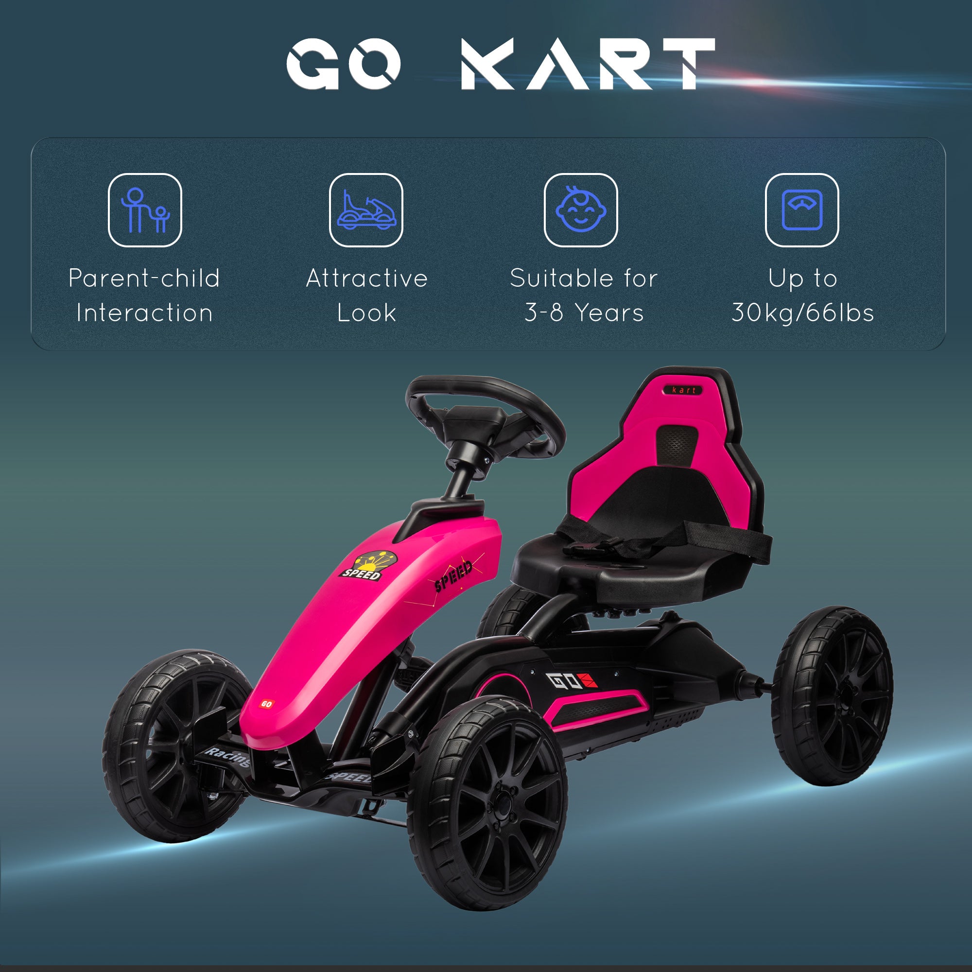 Kids Pedal Go Kart w/ Swing Axle, Shock-Absorbing Wheels, Pink